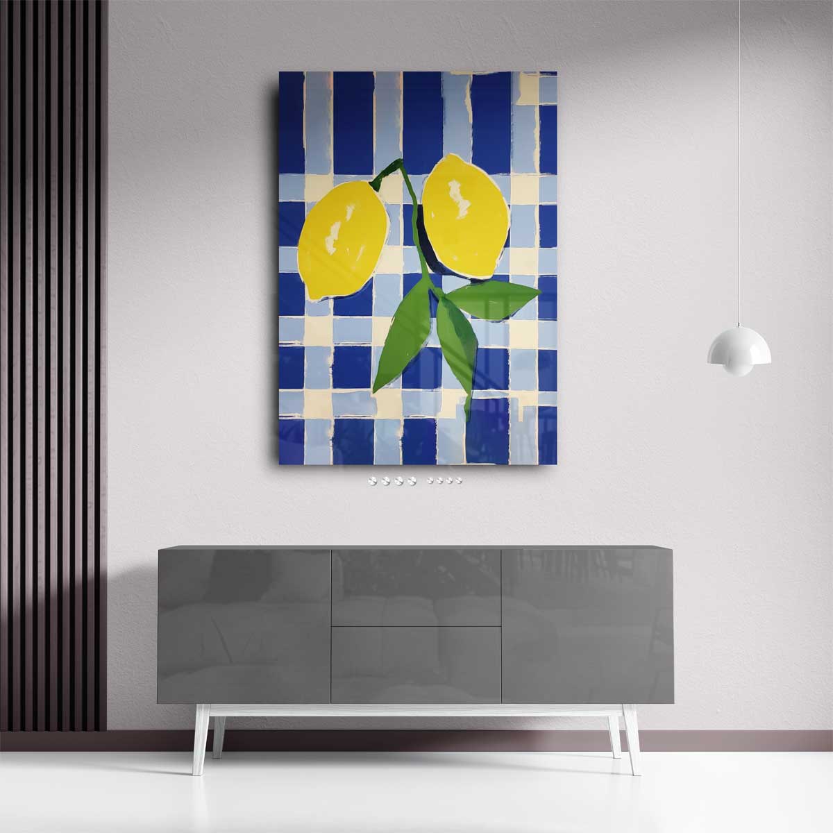 Zonnige Citroenen op Blauwe Schachtdoeken Kunstwerk-canvas-dibond-plexiglas-wanddecoratie-WallArtistic