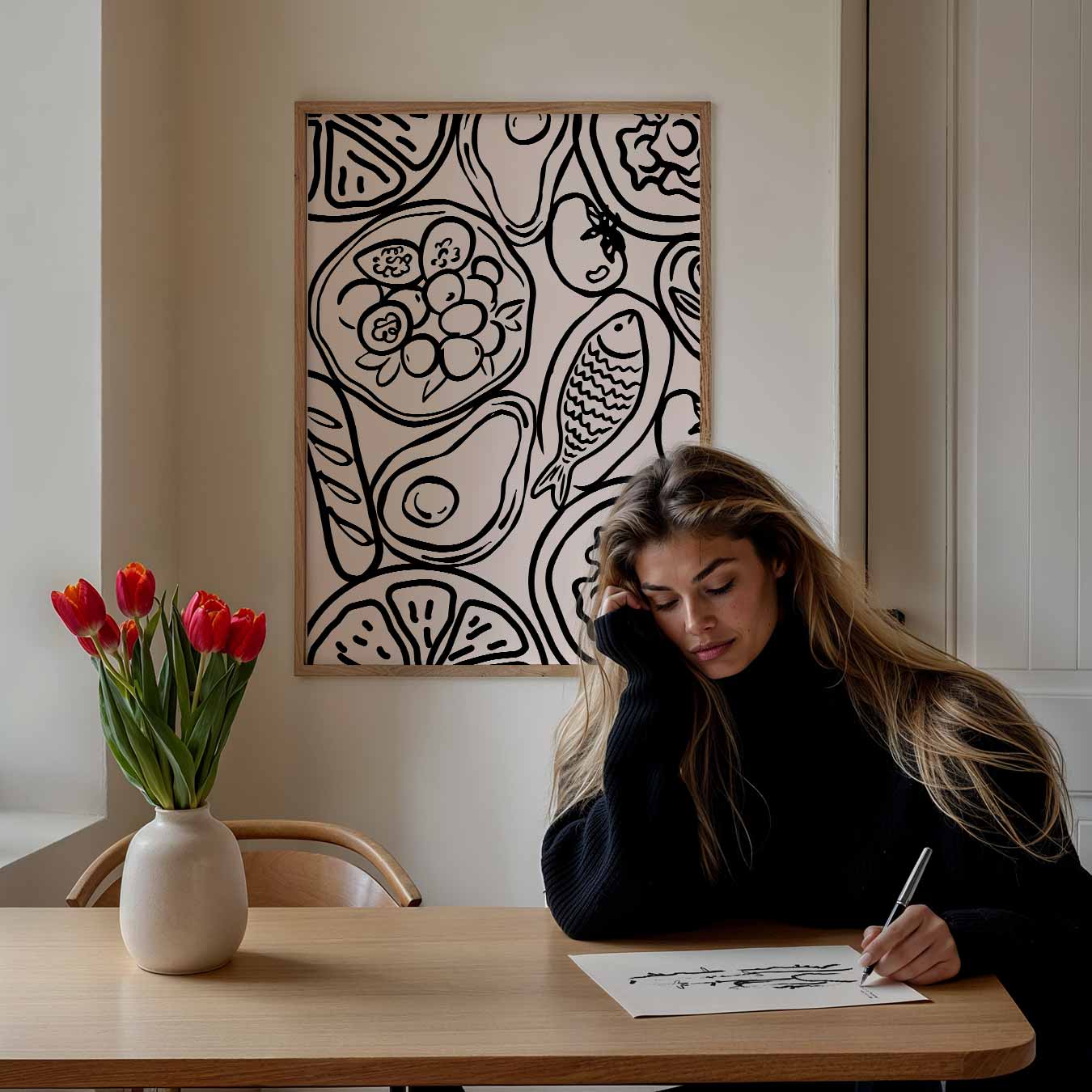 Stijlvolle Zwart-Wit Voedselillustratie Poster
