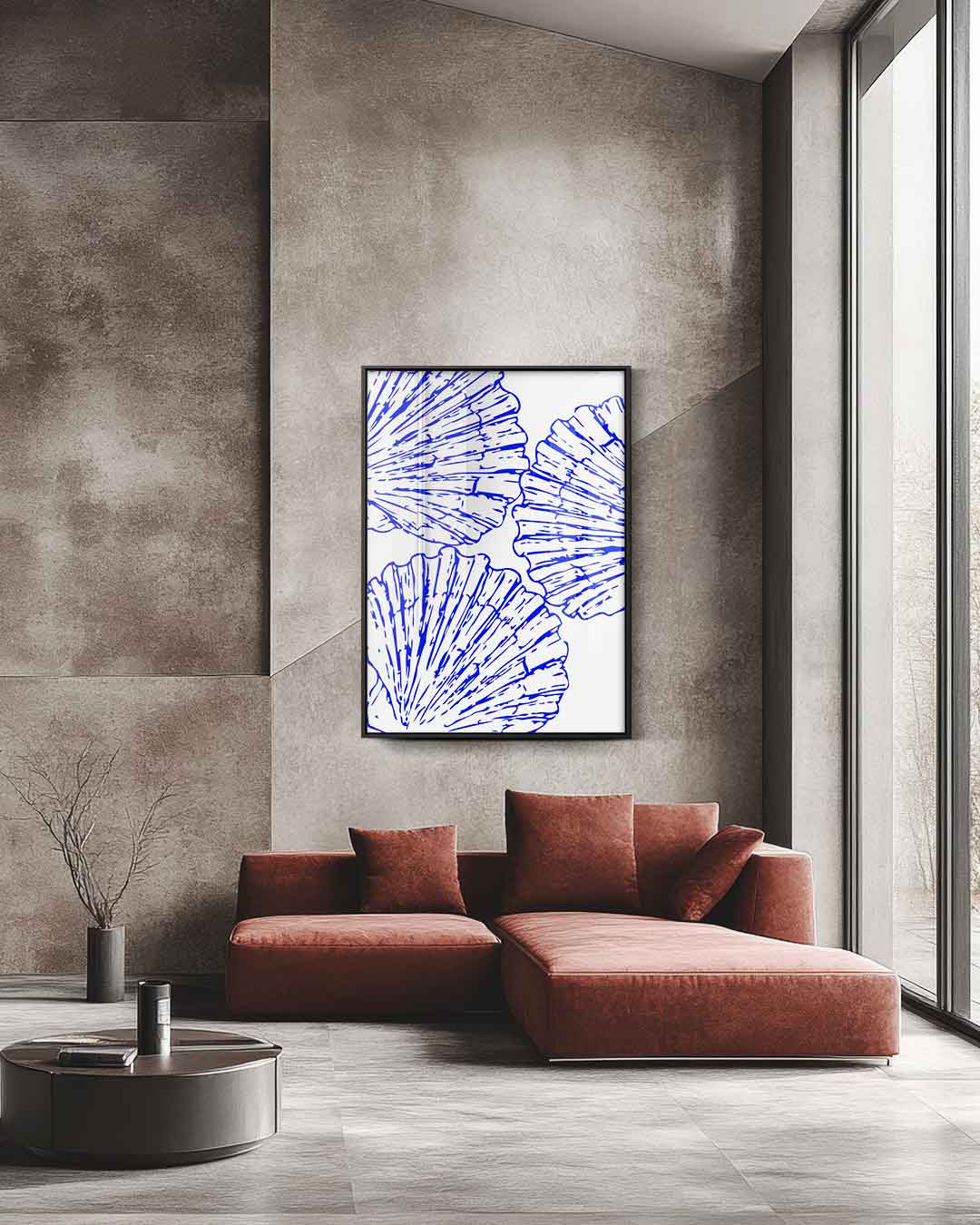 Blauwe schelpenpatroon Kunstwerk-canvas-dibond-plexiglas-wanddecoratie-WallArtistic