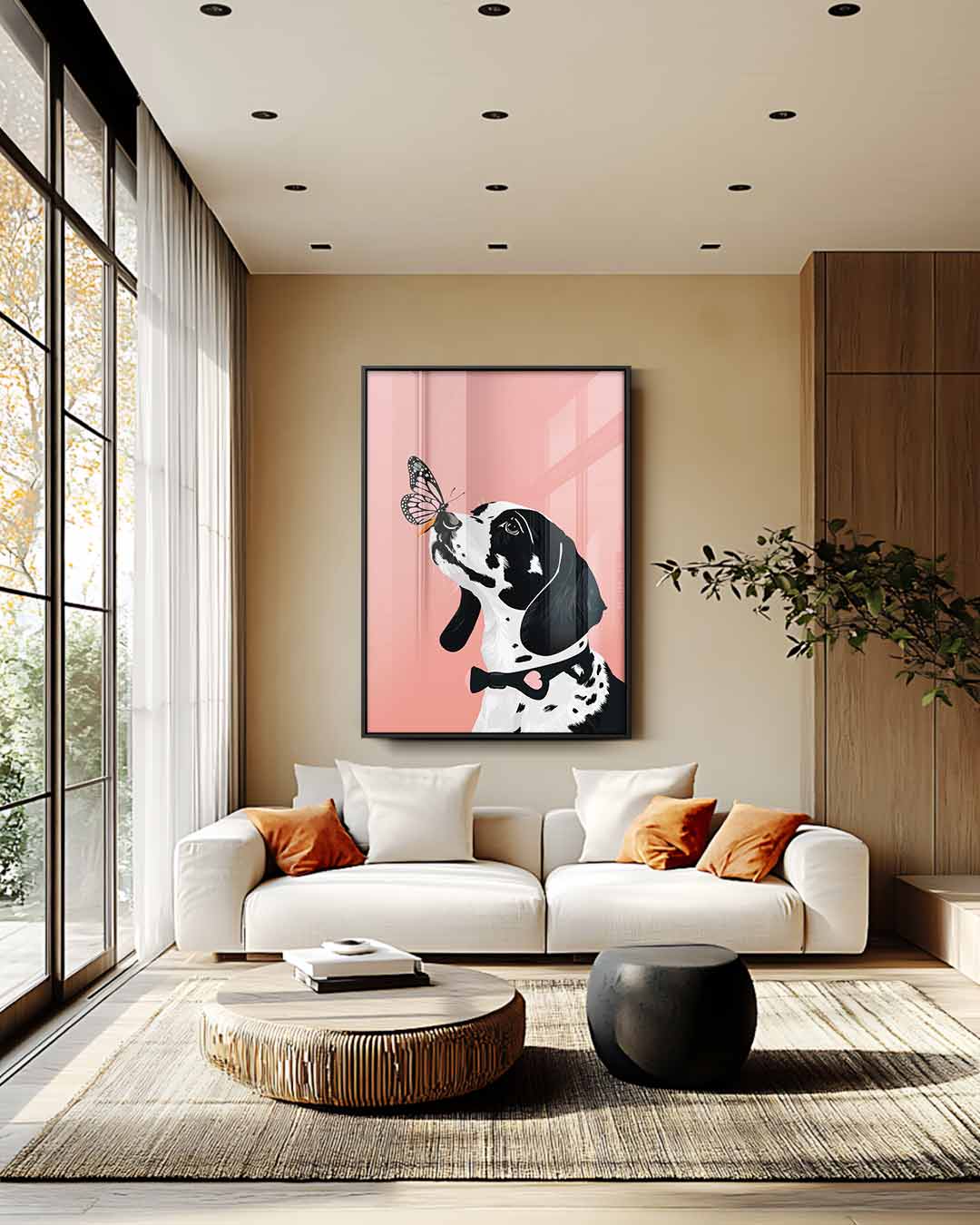 Hond en Vlinder Ontmoeting Kunstwerk-canvas-dibond-plexiglas-wanddecoratie-WallArtistic