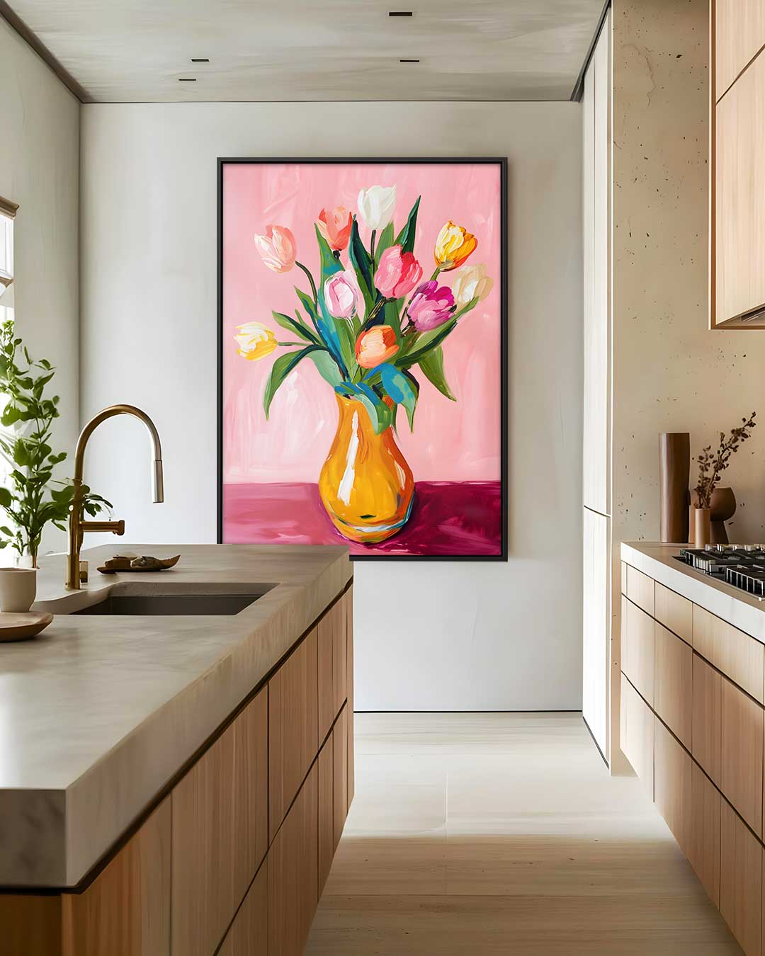 Vrolijk Tulpenboeket op Roze Achtergrond Kunstwerk-canvas-dibond-plexiglas-wanddecoratie-WallArtistic