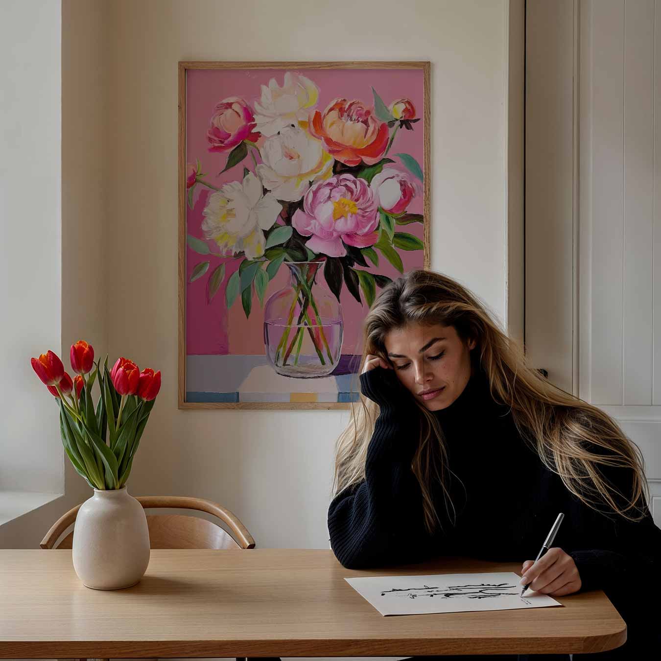 Bloeiend Peonies in Vaas Poster