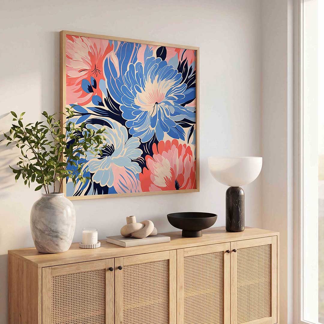 Bloemen in blauw en roze Poster
