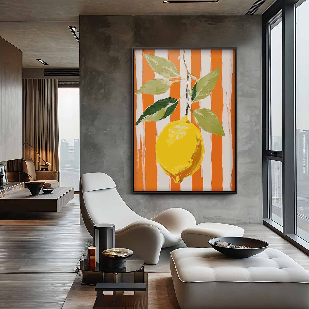 Frisse Citroen op Oranje Kunstwerk-canvas-dibond-plexiglas-wanddecoratie-WallArtistic