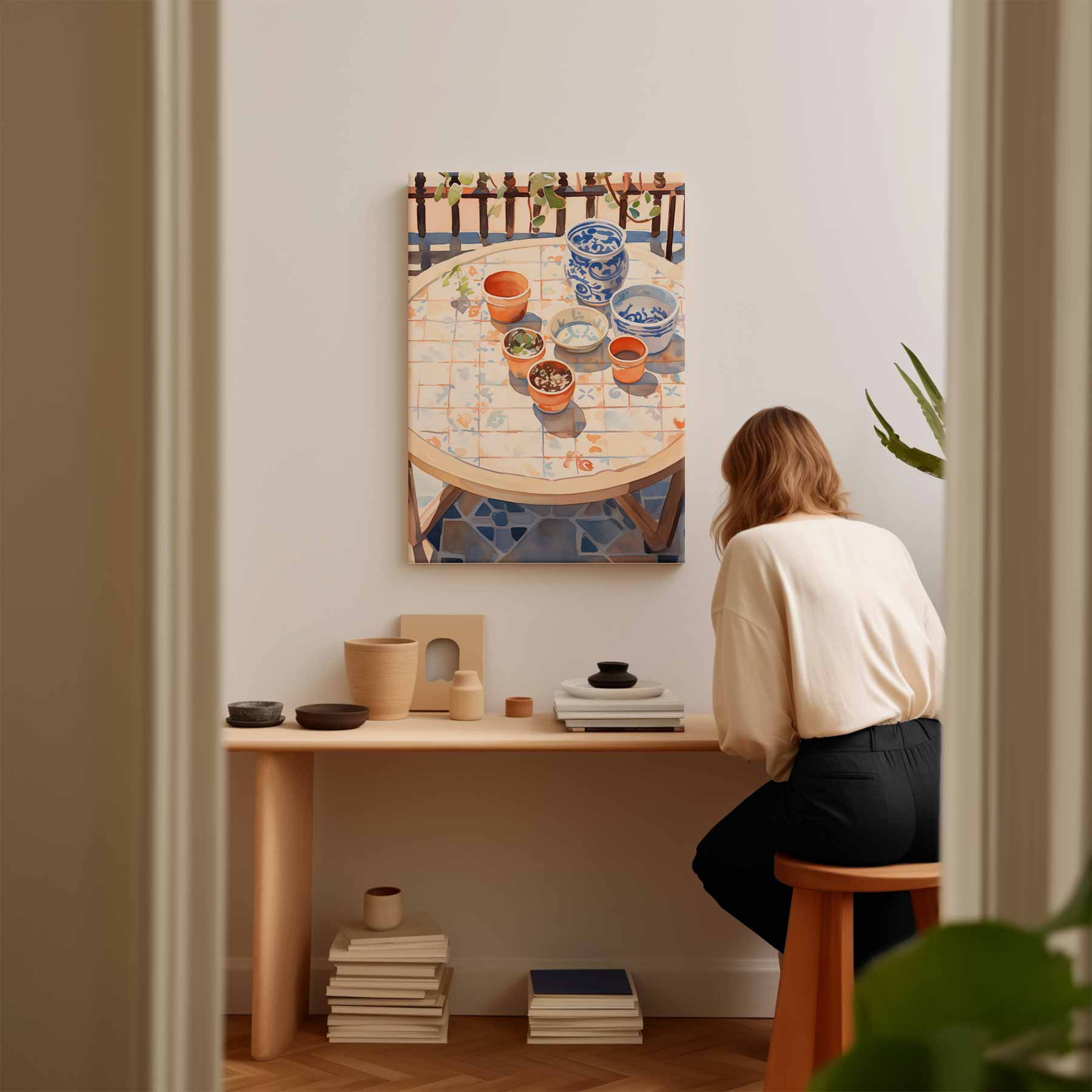 Zonnige Terrastafel met Bloempotten Kunstwerk-canvas-dibond-plexiglas-wanddecoratie-WallArtistic
