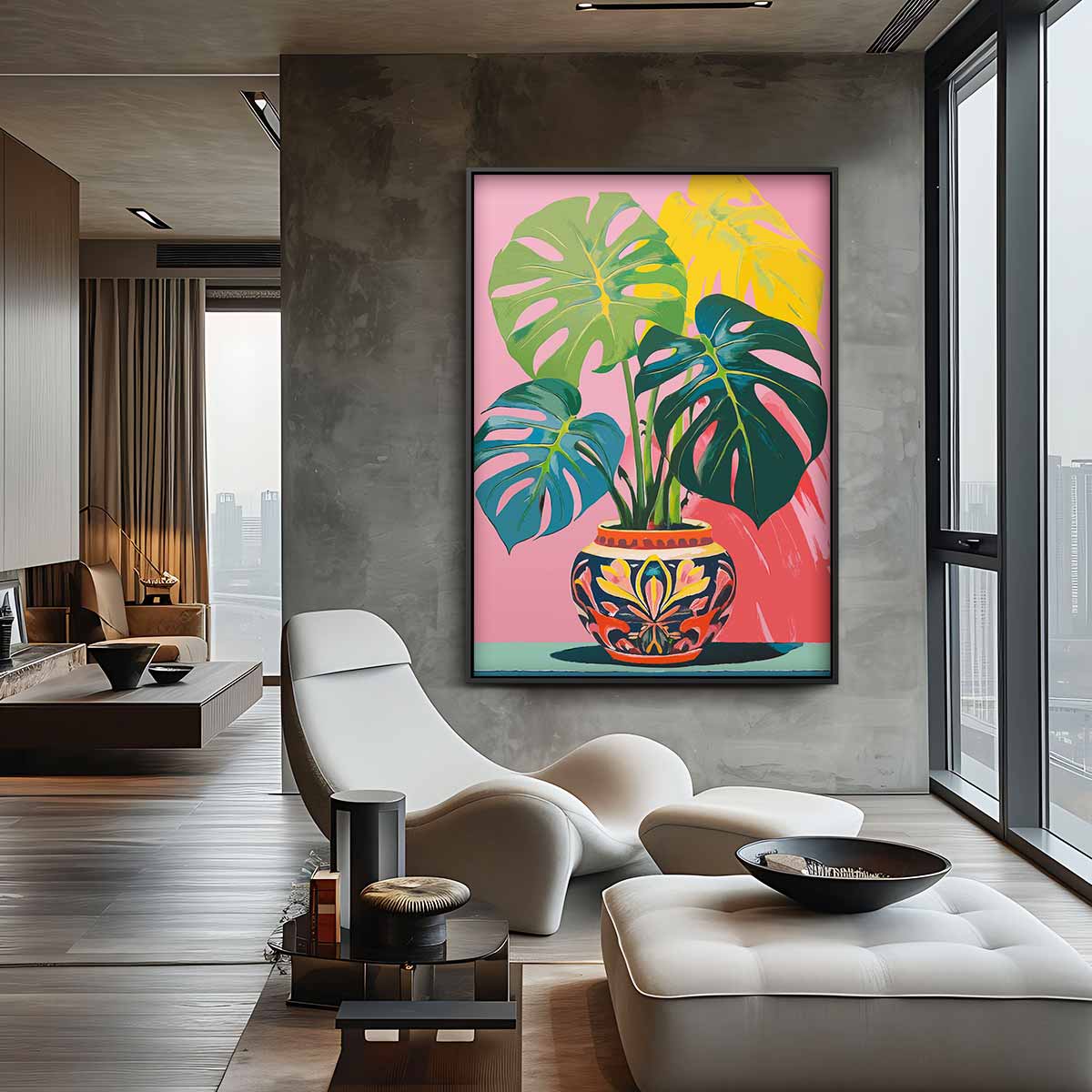 Tropische Monstera in Kleurrijke Pot Kunstwerk-canvas-dibond-plexiglas-wanddecoratie-WallArtistic