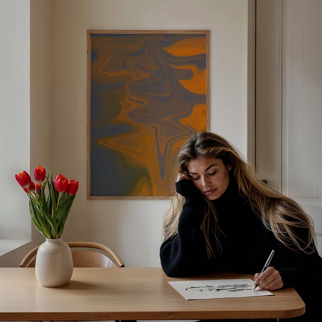 Vloeiende Oranjegloed Abstracte Kunstposter-WallArtistic