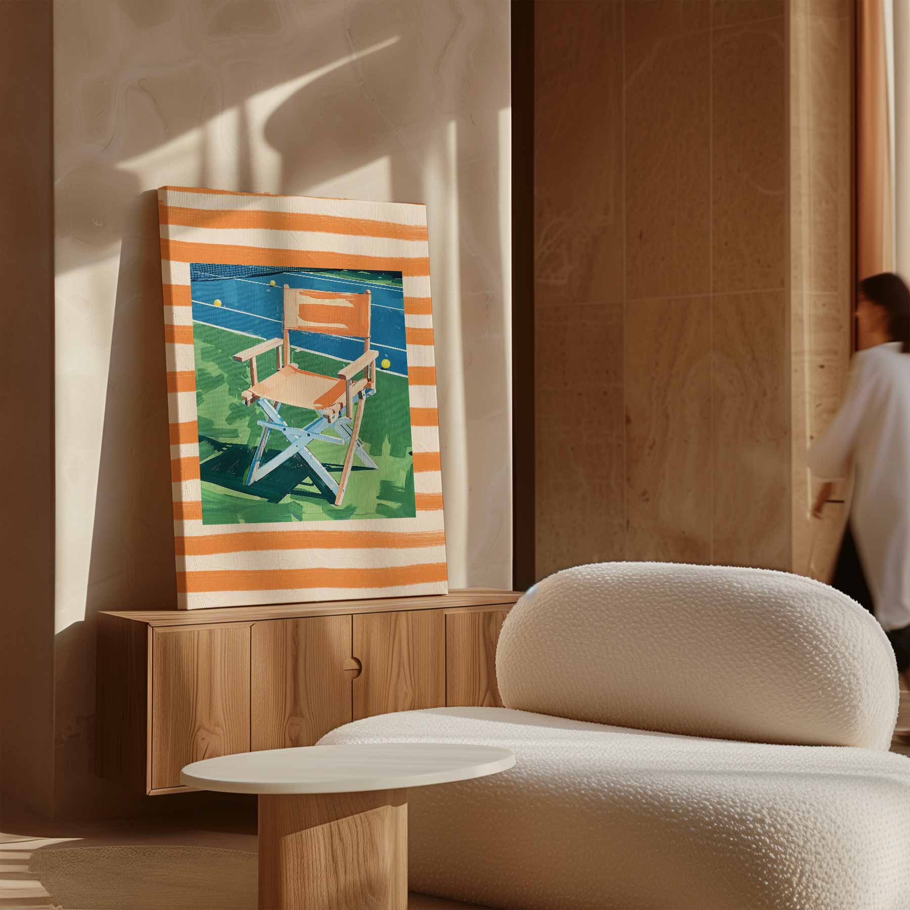 Zomerse Stoel op de Tennisbaan Kunstwerk-canvas-dibond-plexiglas-wanddecoratie-WallArtistic