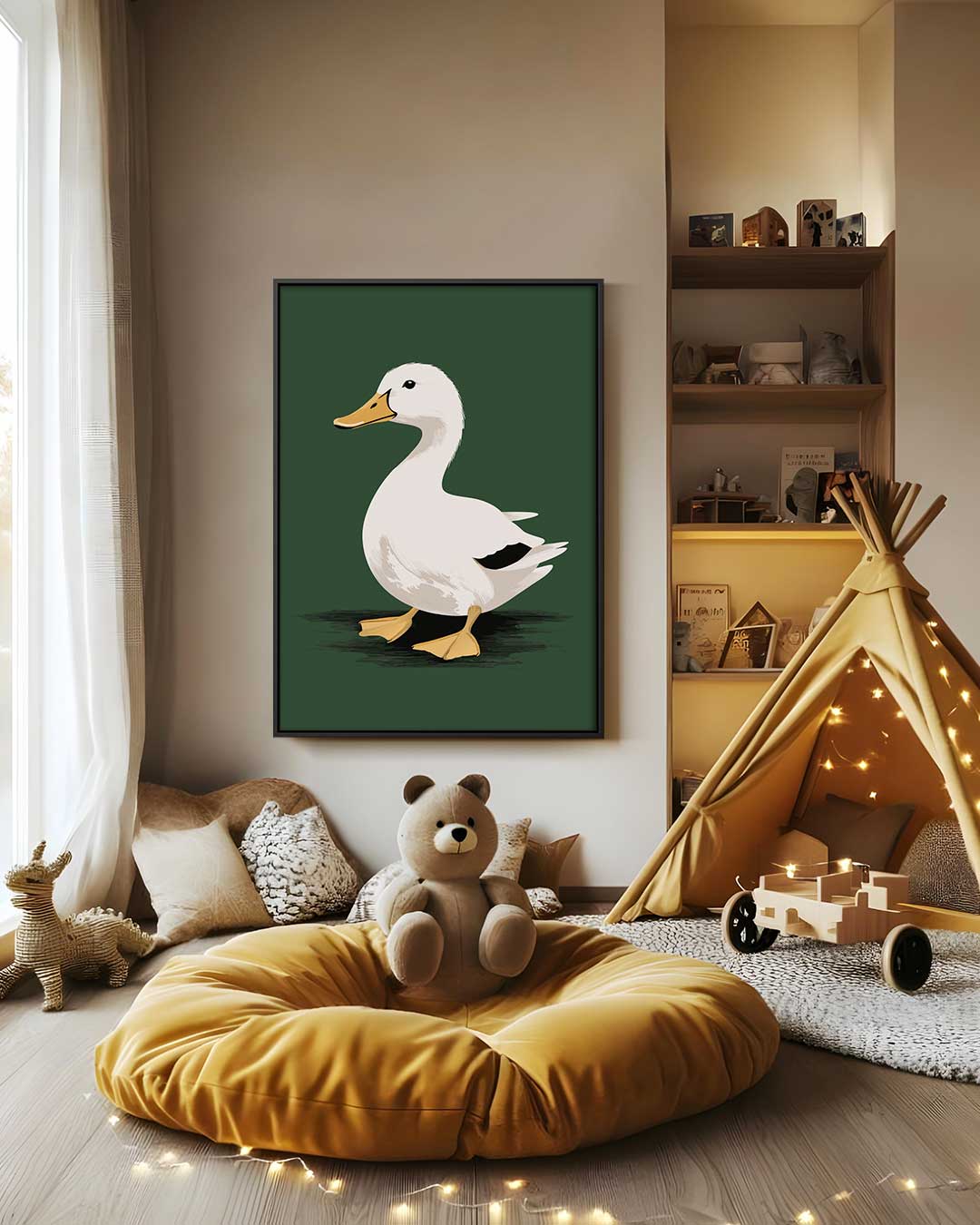 Vrolijke Eend op Donkergroene Achtergrond Kunstwerk-canvas-dibond-plexiglas-wanddecoratie-WallArtistic