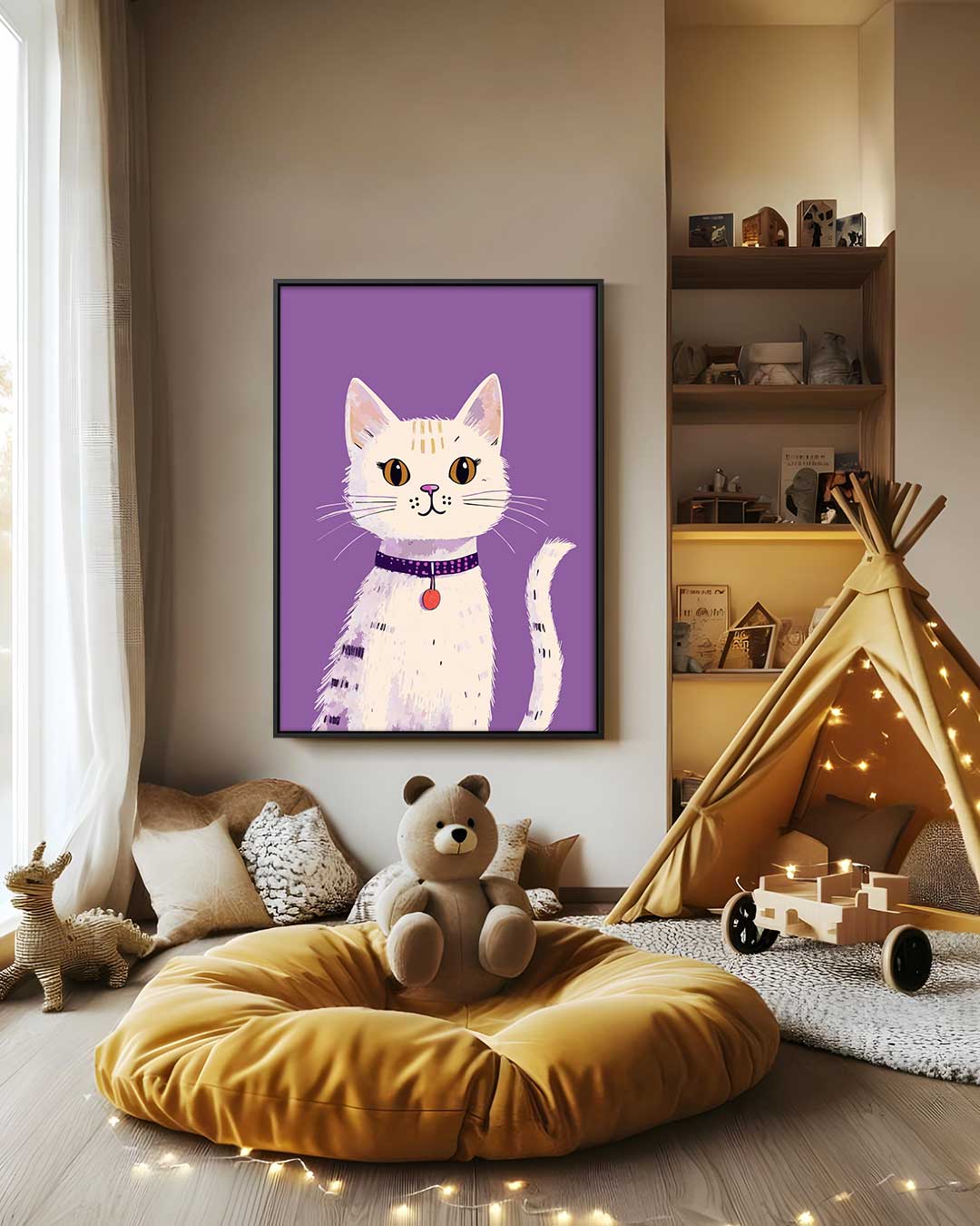 Speelse Kat op Paarse Achtergrond Kunstwerk-canvas-dibond-plexiglas-wanddecoratie-WallArtistic