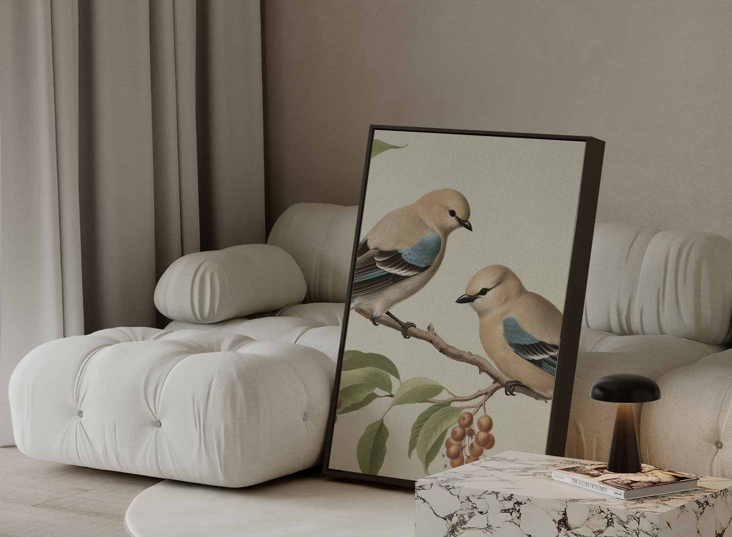 Twee Vogelvriendjes op een Tak Kunstwerk-canvas-dibond-plexiglas-wanddecoratie-WallArtistic