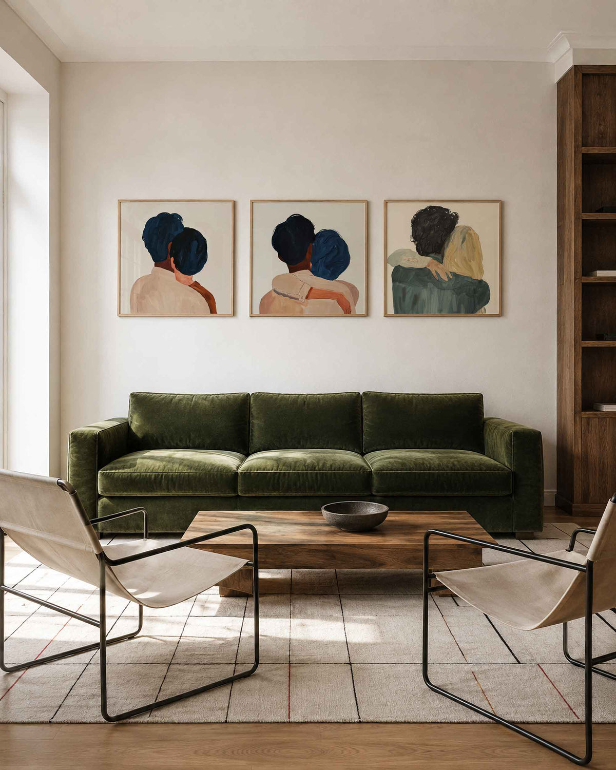 Interieurpresentatie van een driedelige vierkante posterset met omhelzing figuren