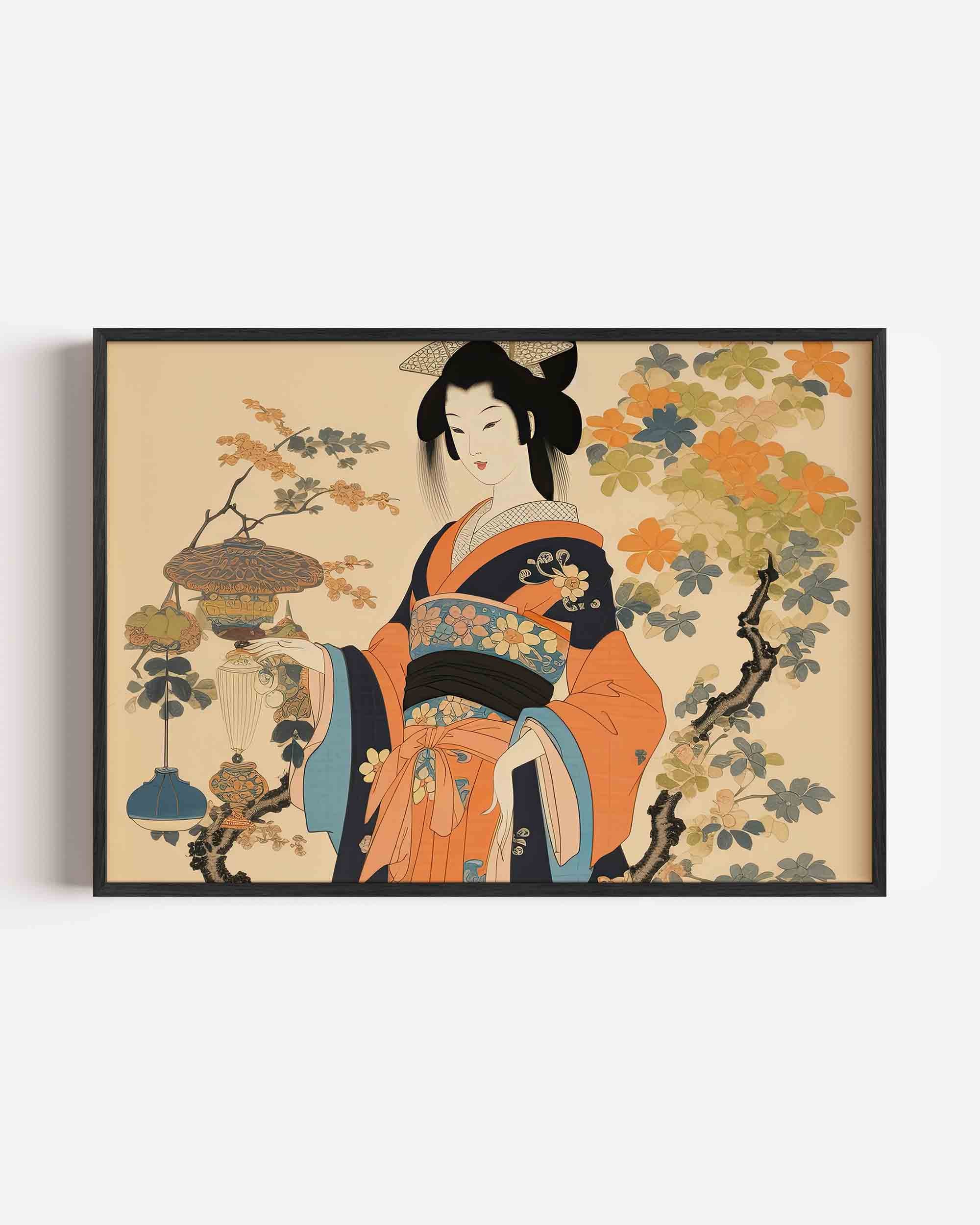 Japanse vrouw met bloemen Poster