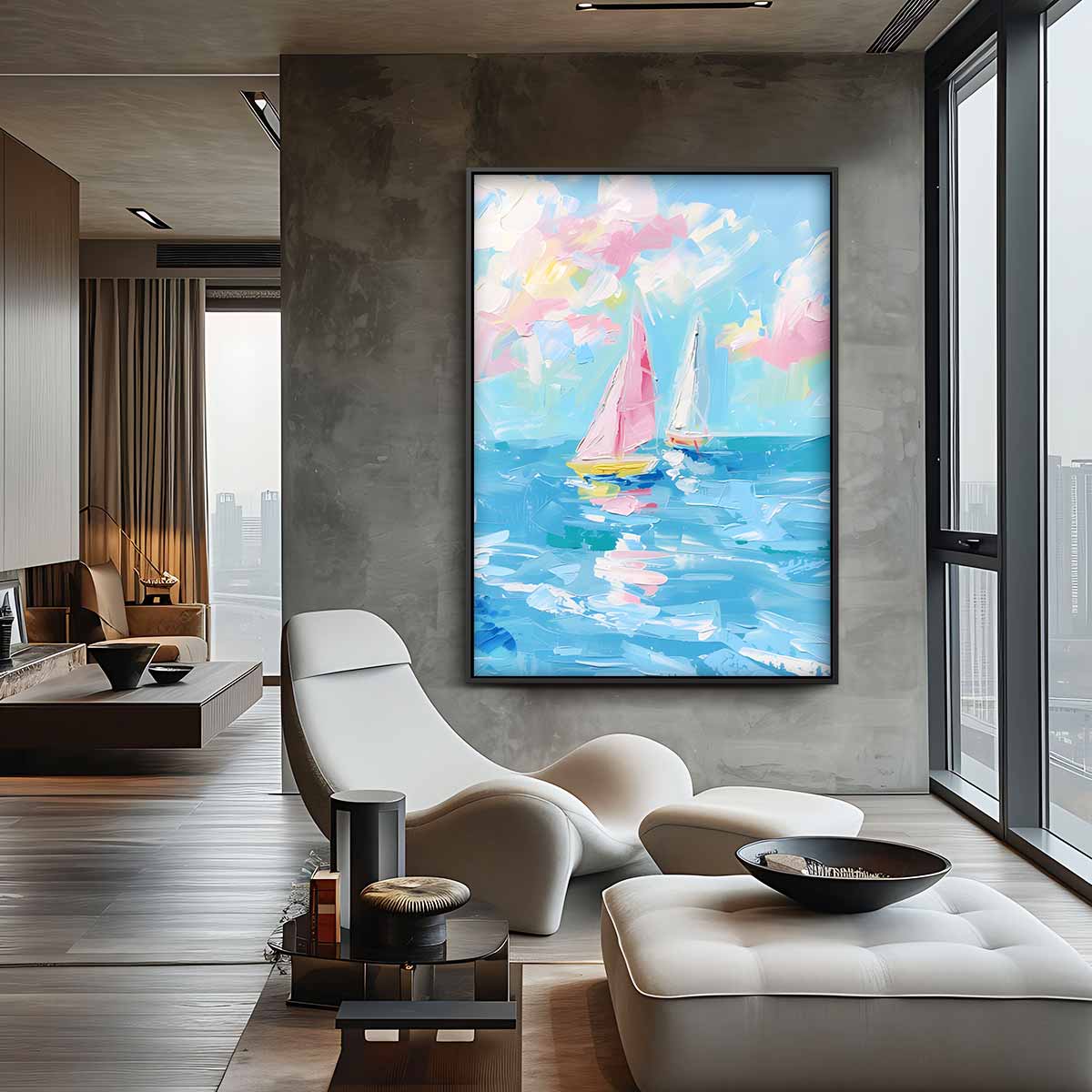 Vrolijke Zeilboten op zee Kunstwerk-canvas-dibond-plexiglas-wanddecoratie-WallArtistic