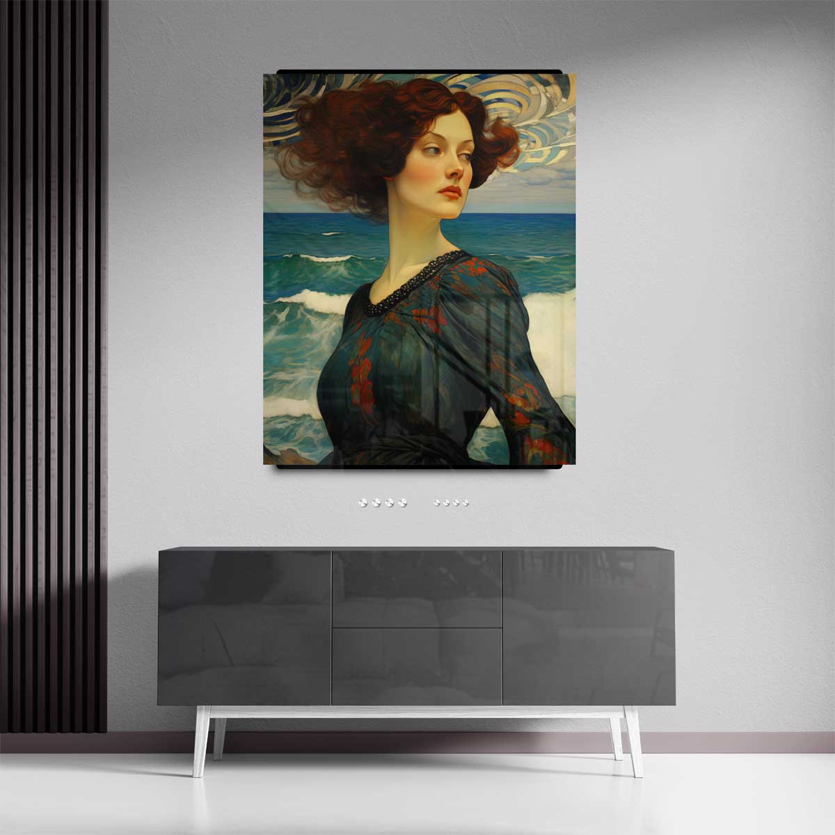 Dromerige dame aan zee Kunstwerk-canvas-dibond-plexiglas-wanddecoratie-WallArtistic