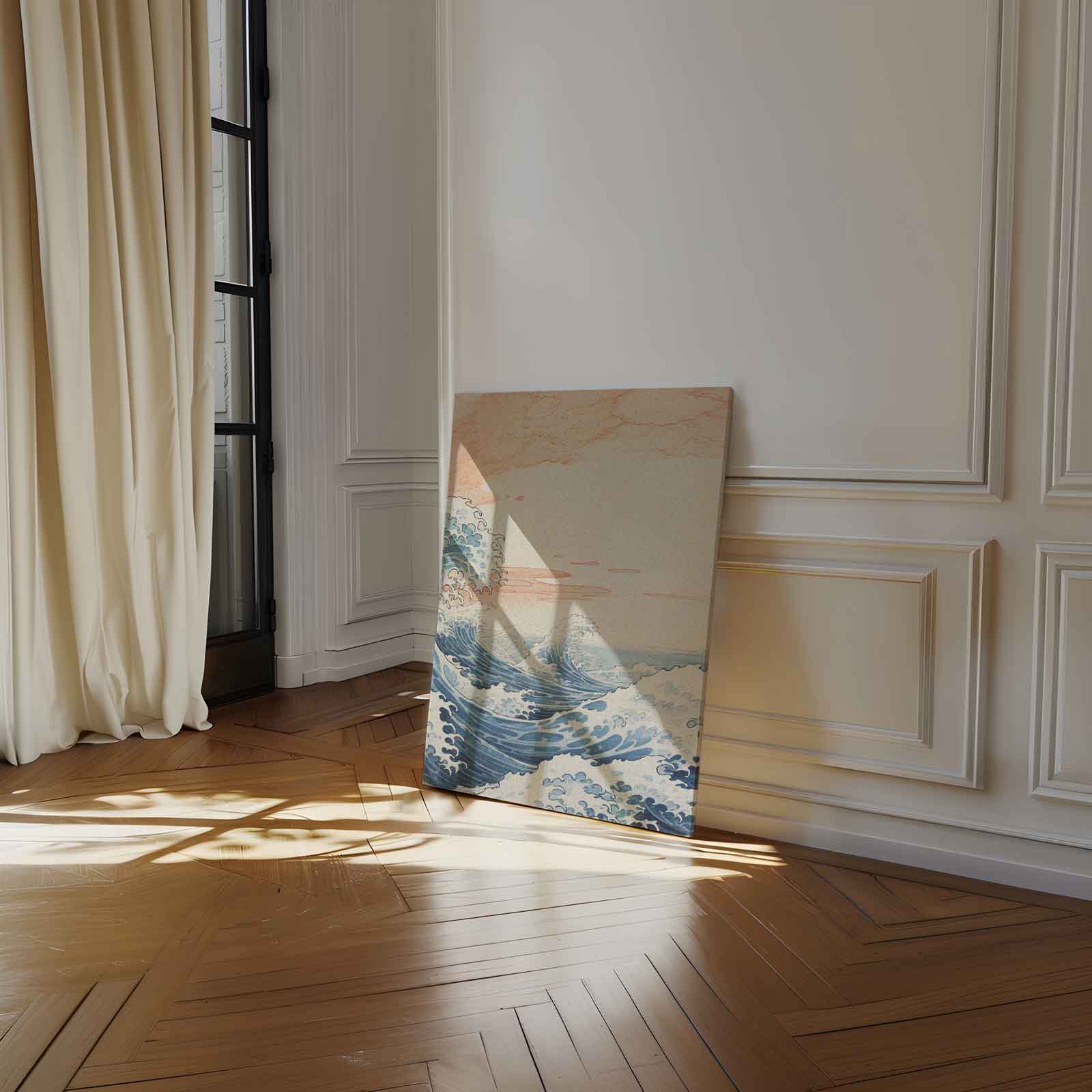 Dynamische Zeegolven Onder een Perzikkleurige Hemel Kunstwerk-canvas-dibond-plexiglas-wanddecoratie-WallArtistic