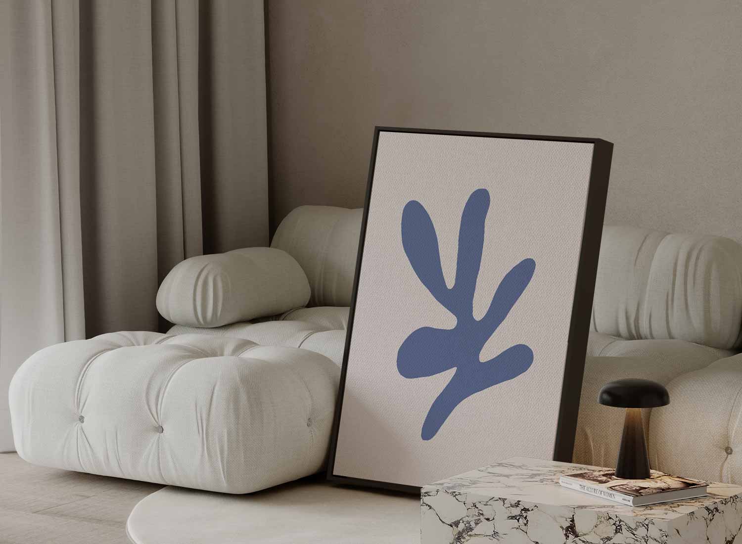 Abstracte Blauwe Vorm op Beige Kunstwerk-canvas-dibond-plexiglas-wanddecoratie-WallArtistic