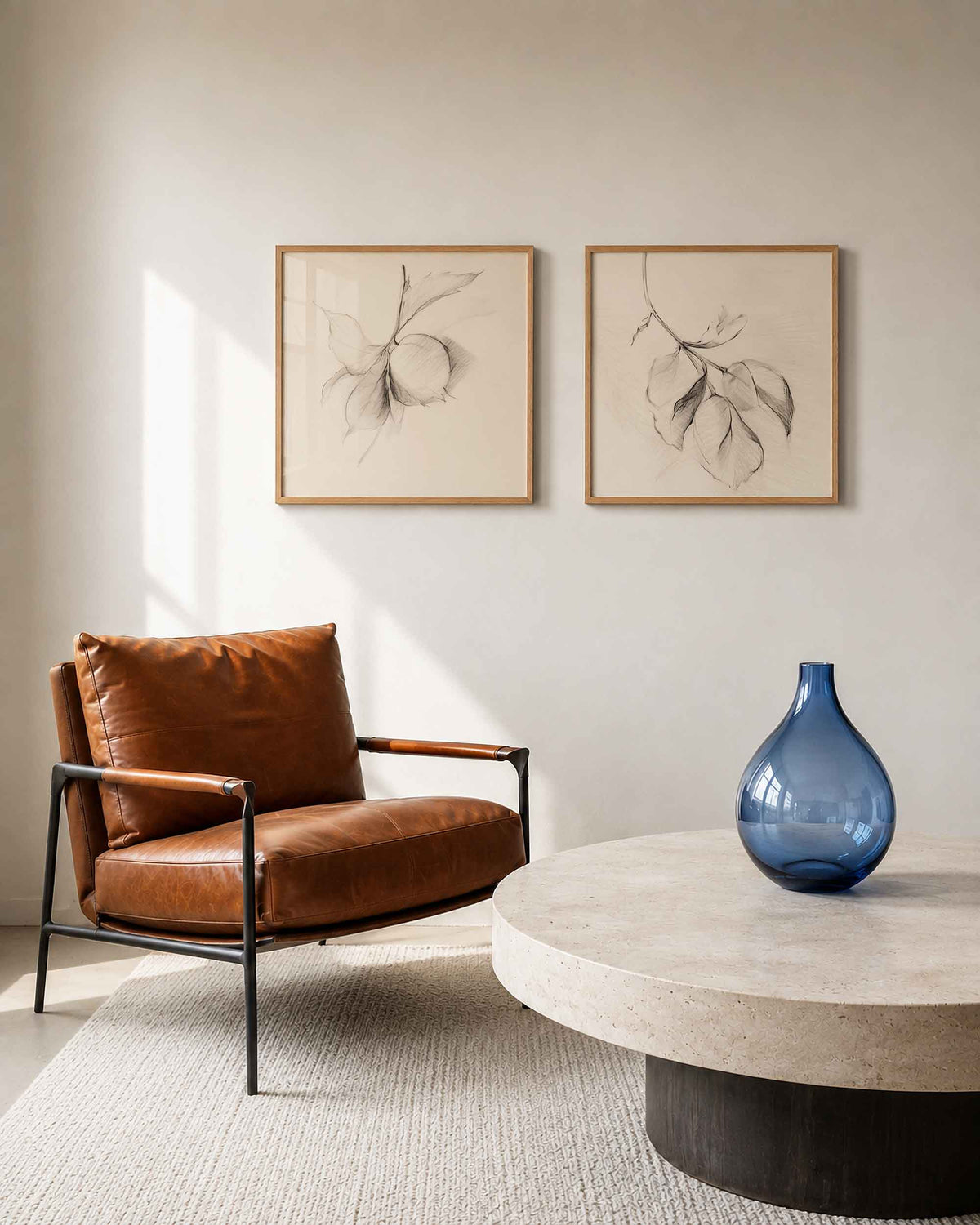 Interieurpresentatie van een tweedelige vierkante posterset met botanische bladschetsen