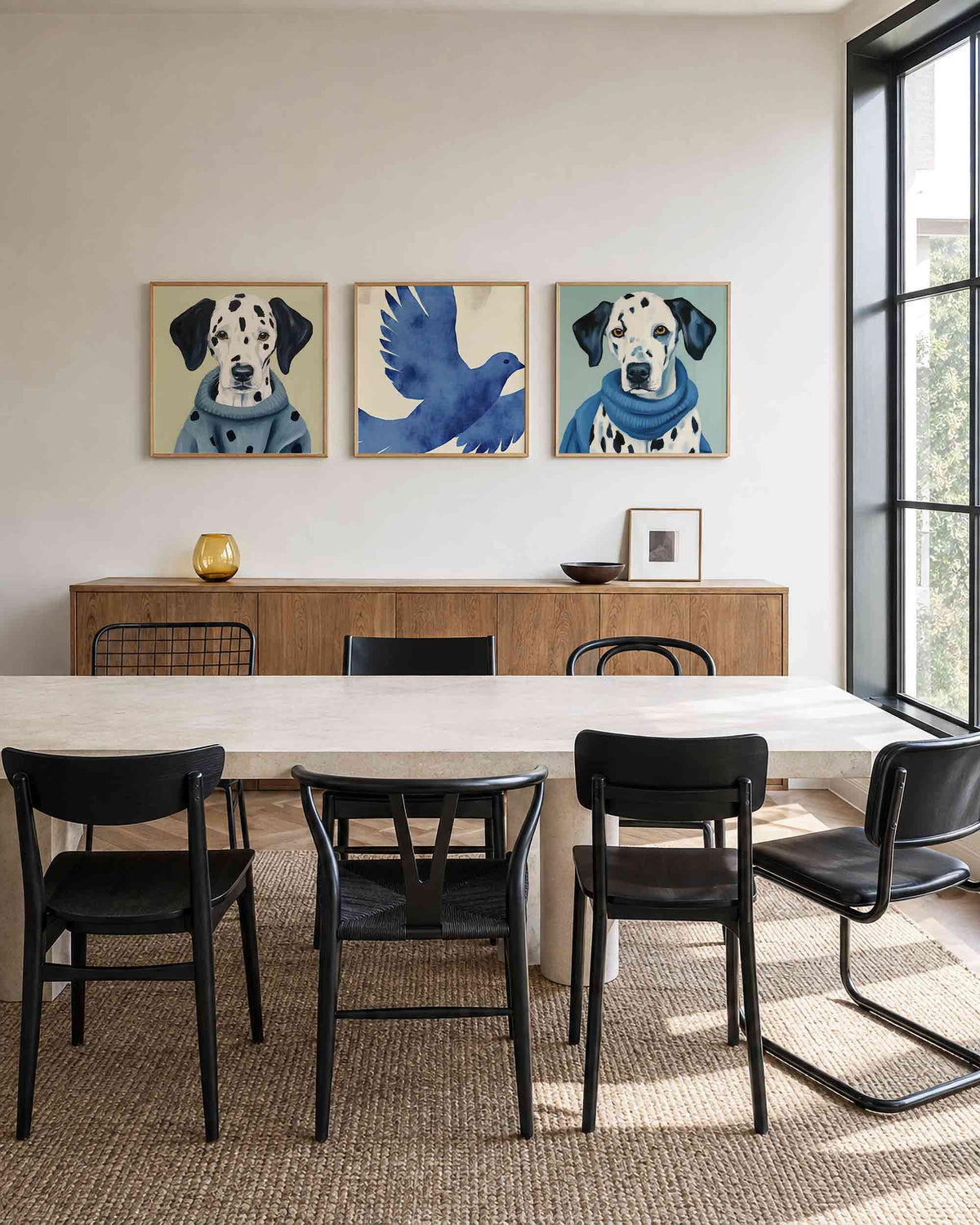 Interieurpresentatie van een driedelige vierkante posterset met dalmatiërs en vogel