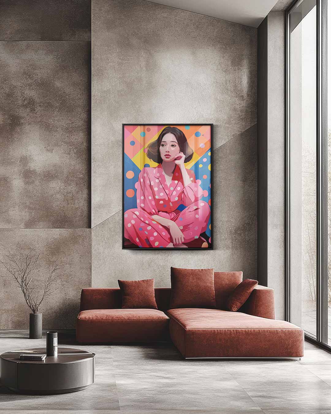 Kleurrijk Portret met Polka Dots Kunstwerk-canvas-dibond-plexiglas-wanddecoratie-WallArtistic