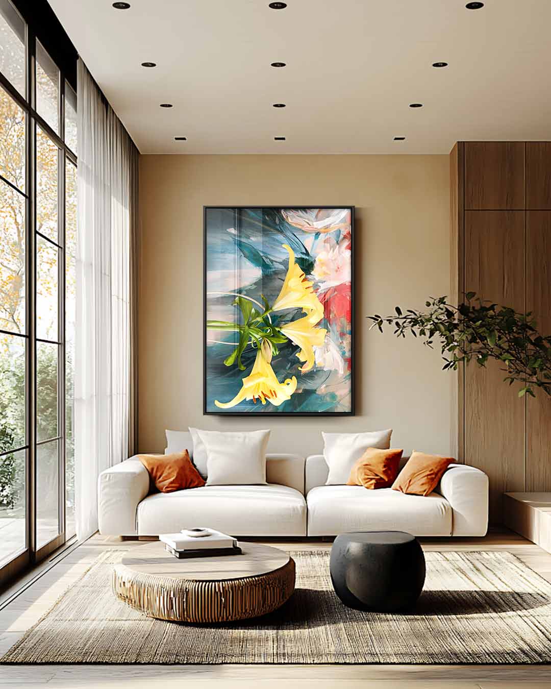 Bloemenexplosie in Geel Kunstwerk-canvas-dibond-plexiglas-wanddecoratie-WallArtistic