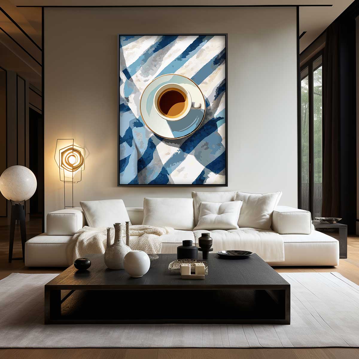 Koffiekopje op Blauw-Wit Doek Kunstwerk-canvas-dibond-plexiglas-wanddecoratie-WallArtistic