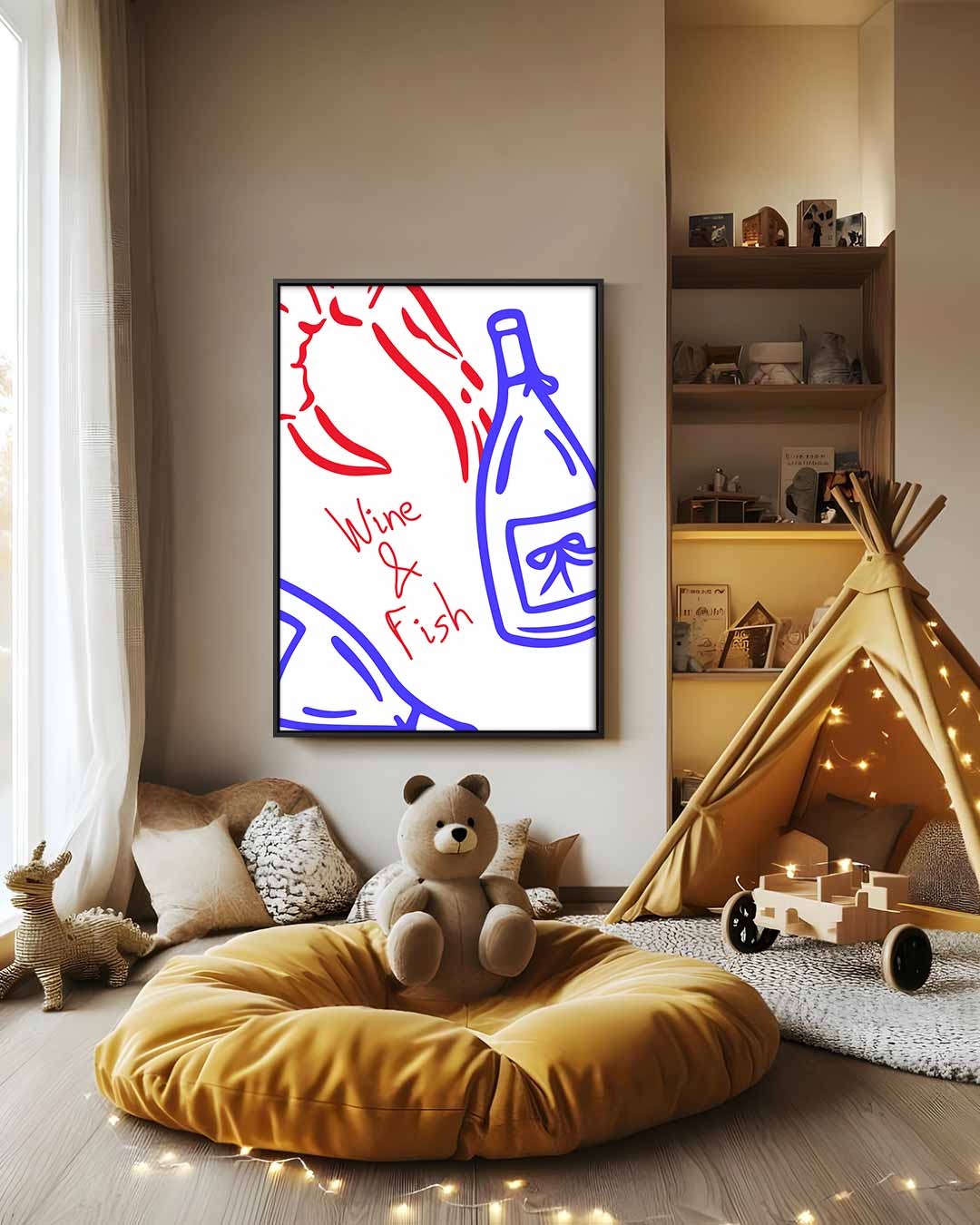 Wijn en Vis Illustratie Kunstwerk-canvas-dibond-plexiglas-wanddecoratie-WallArtistic