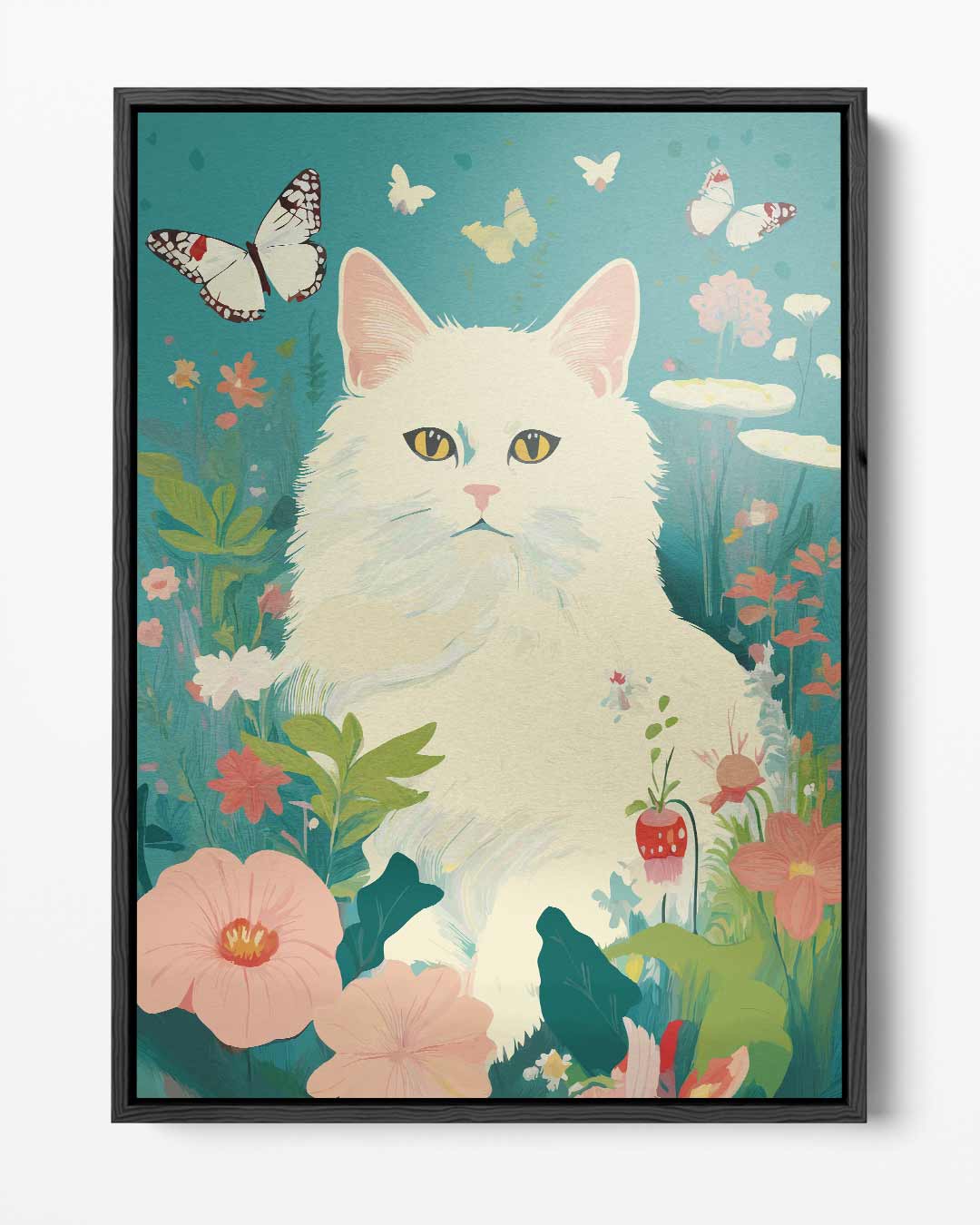 Kunstwerk: Verträumte Katze im Blumengarten
