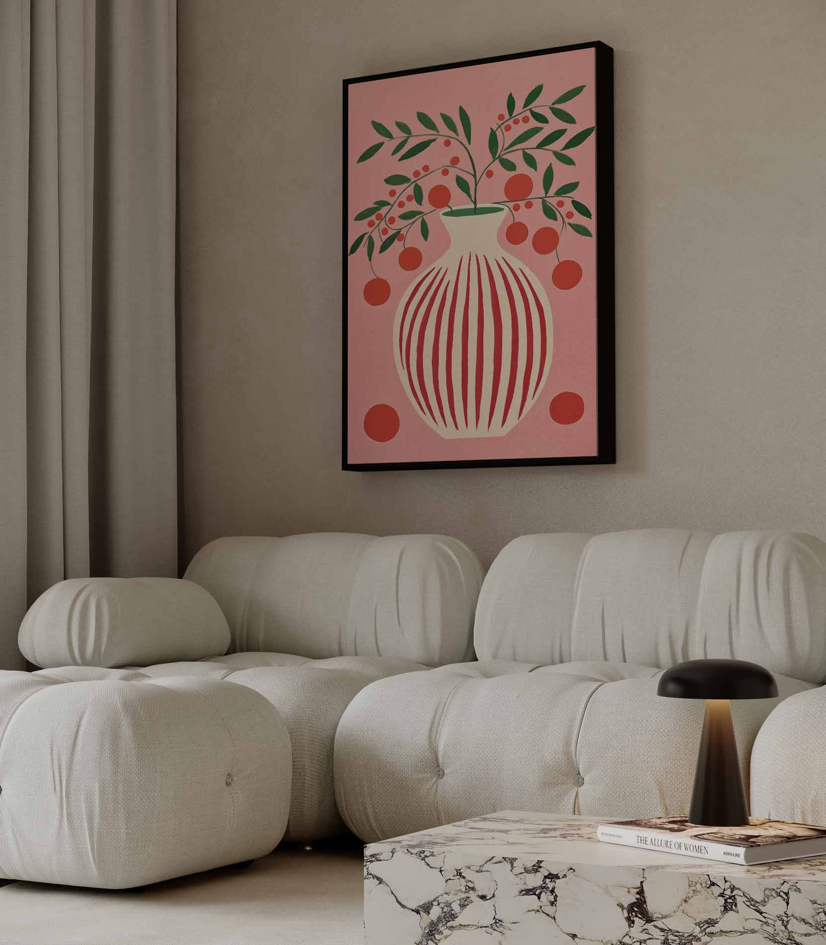 Speels Stilleven met Vaas en Bessen Kunstwerk-canvas-dibond-plexiglas-wanddecoratie-WallArtistic