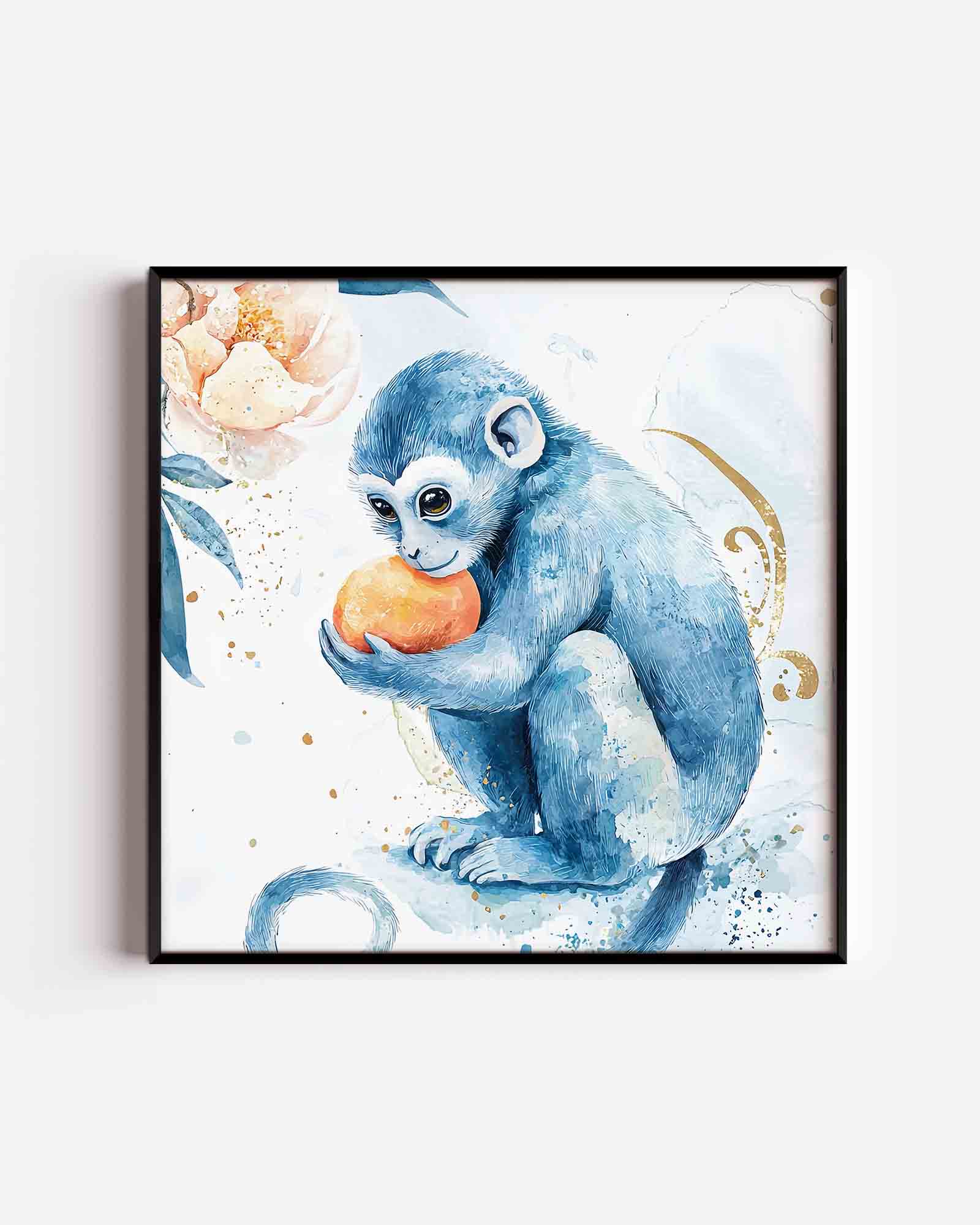 Blauwe aap met sinaasappel Poster