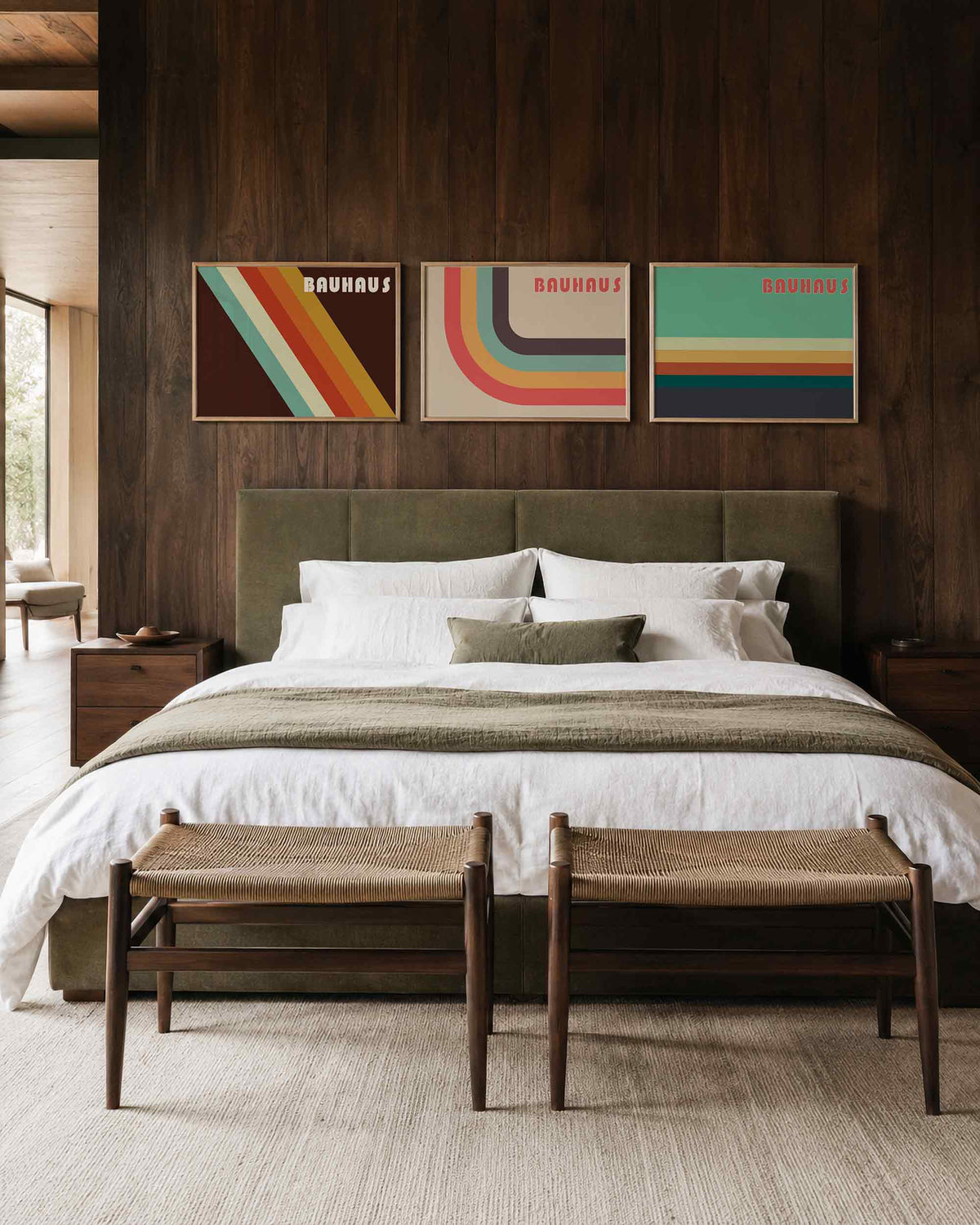 Interieurmockup van drieluik landscape-posterset met kleurbanen en lettervormen