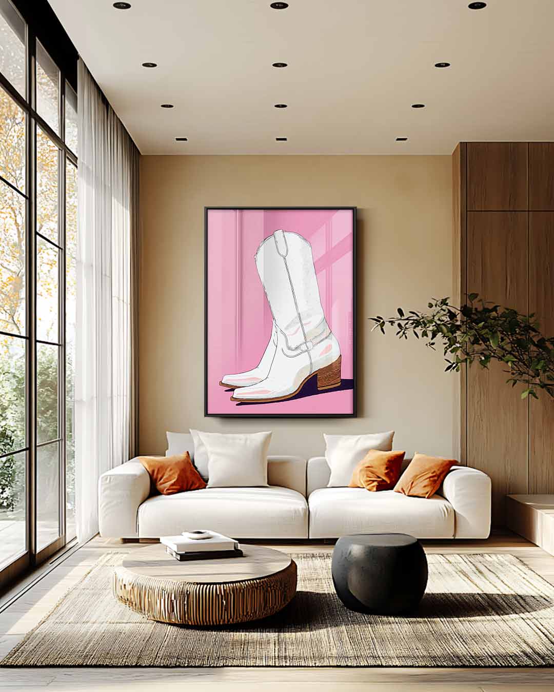 Witte Cowboylaarzen op Roze Achtergrond Kunstwerk-canvas-dibond-plexiglas-wanddecoratie-WallArtistic