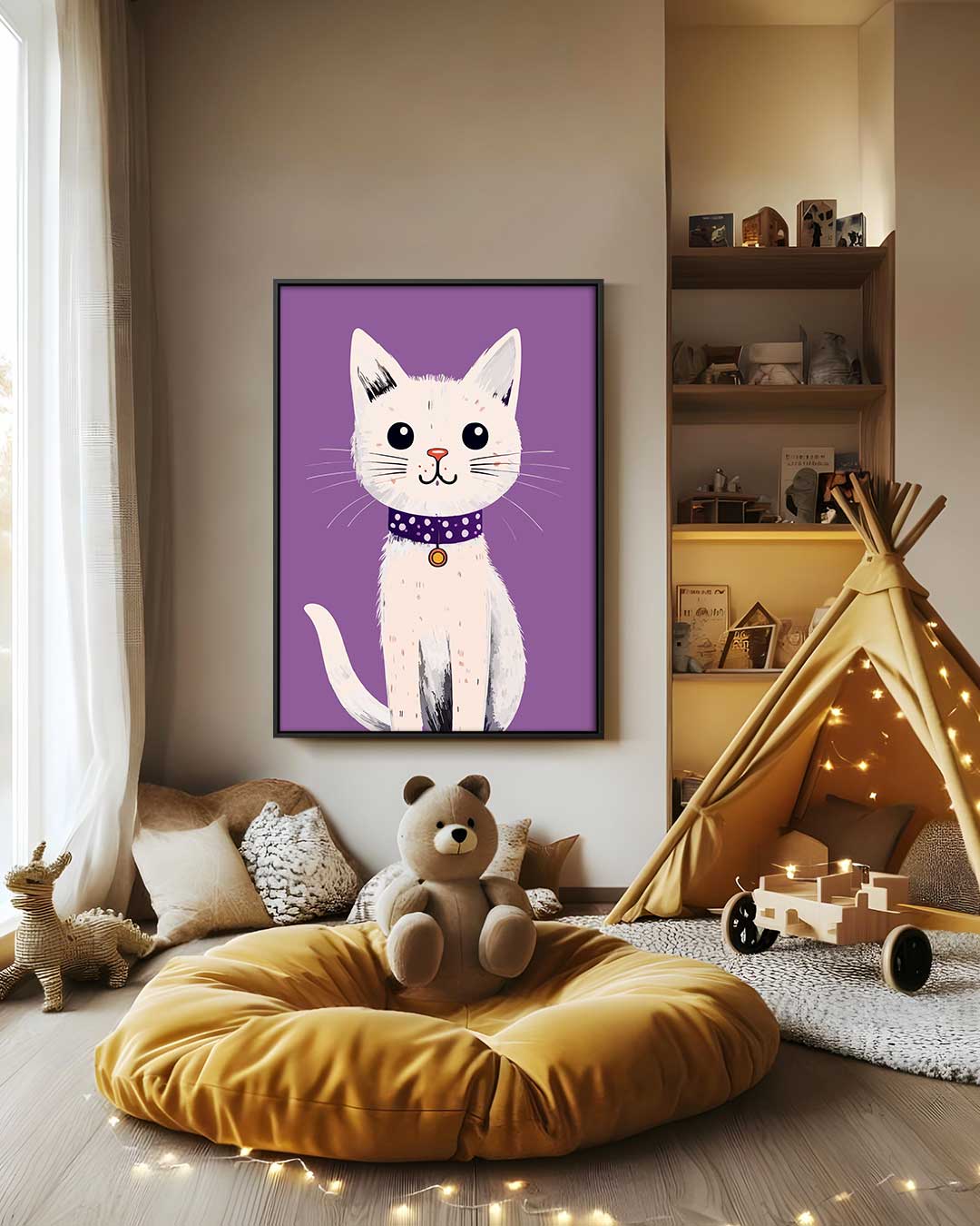 Vrolijke Kat op Paarse Achtergrond Kunstwerk-canvas-dibond-plexiglas-wanddecoratie-WallArtistic