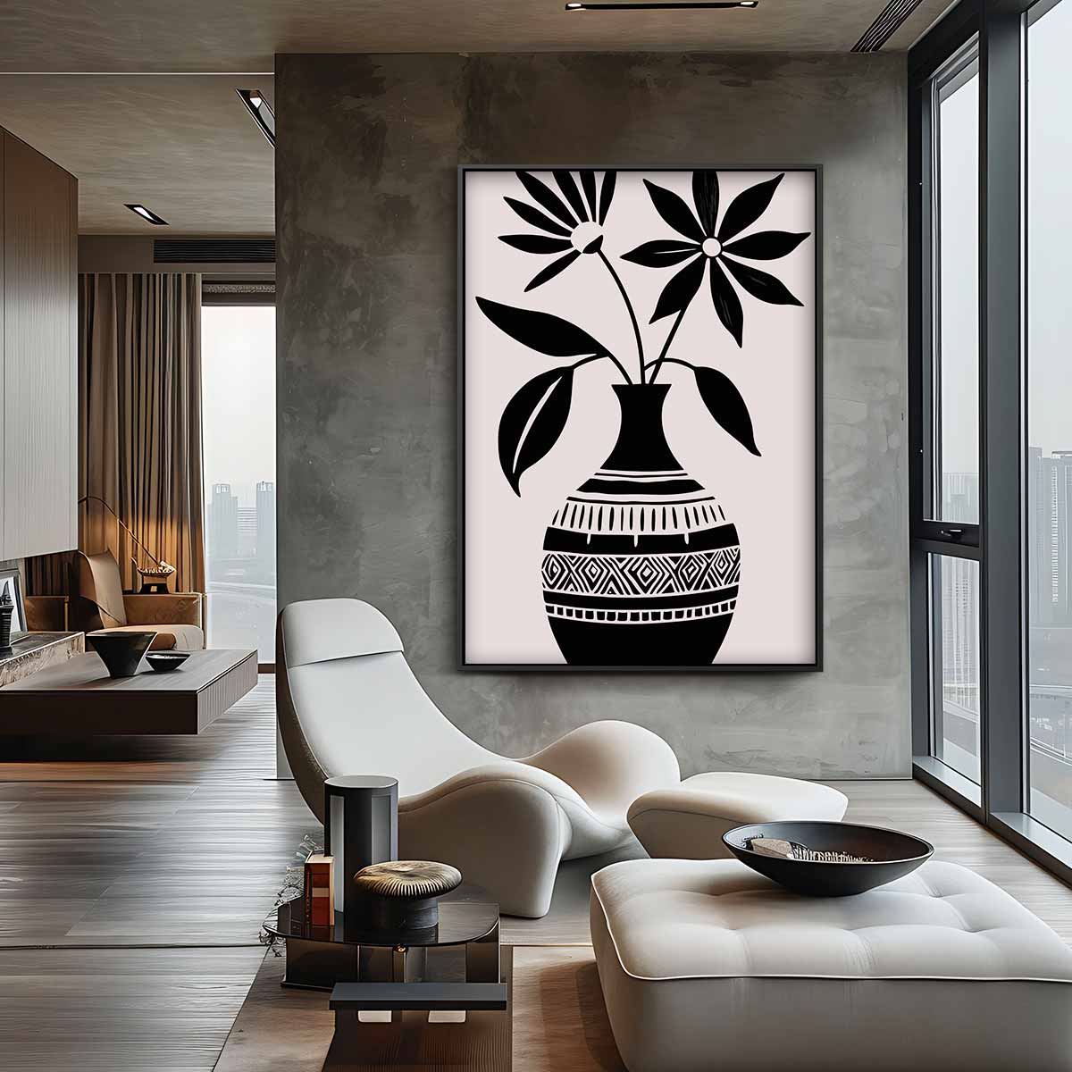 Bloemen in Zwart-Witte Vaas Kunstwerk-canvas-dibond-plexiglas-wanddecoratie-WallArtistic