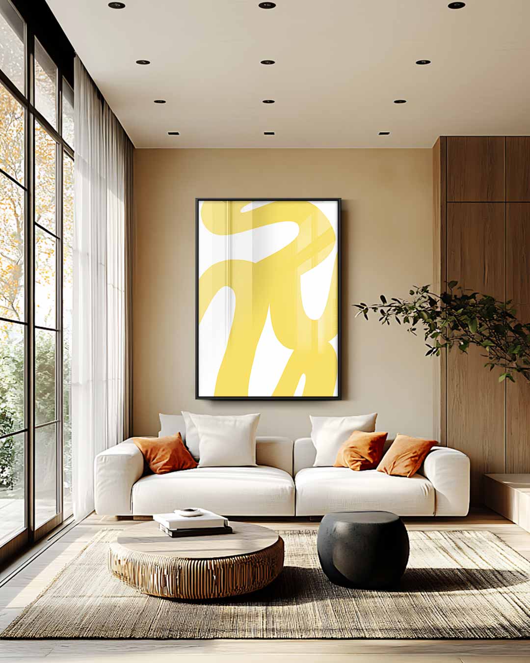 Vrolijke Gele Krulstreken Kunstwerk-canvas-dibond-plexiglas-wanddecoratie-WallArtistic