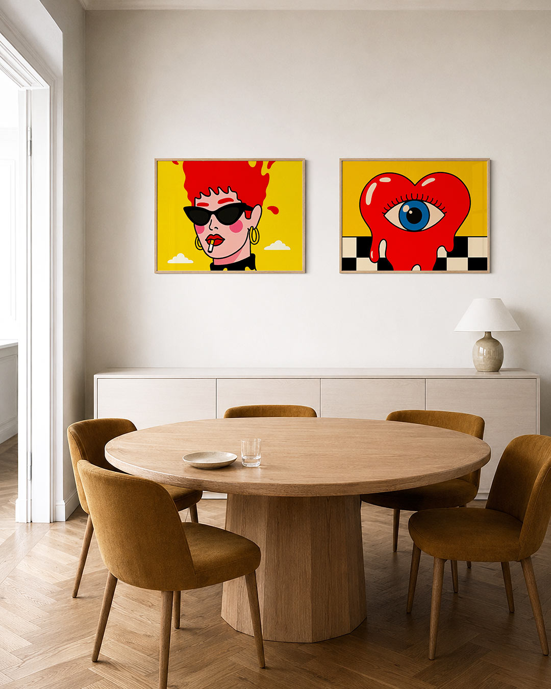 Interieurbeeld met twee liggende posters: een portret met felrood haar, een zwarte zonnebril en gouden oorbellen tegen geel