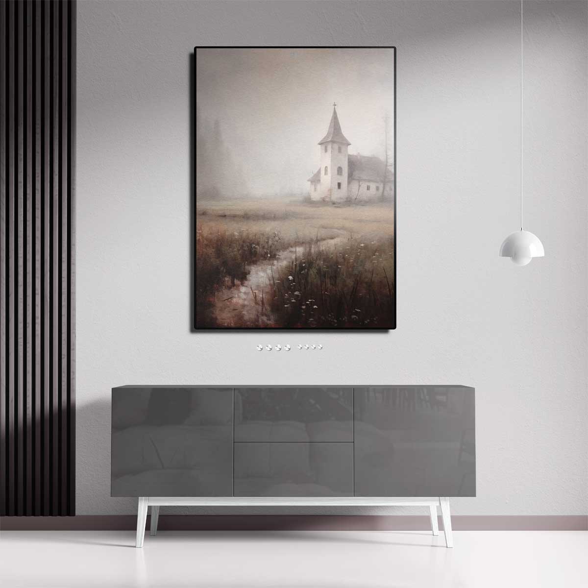 Mystieke Morgen aan de Kapel Kunstwerk-canvas-dibond-plexiglas-wanddecoratie-WallArtistic