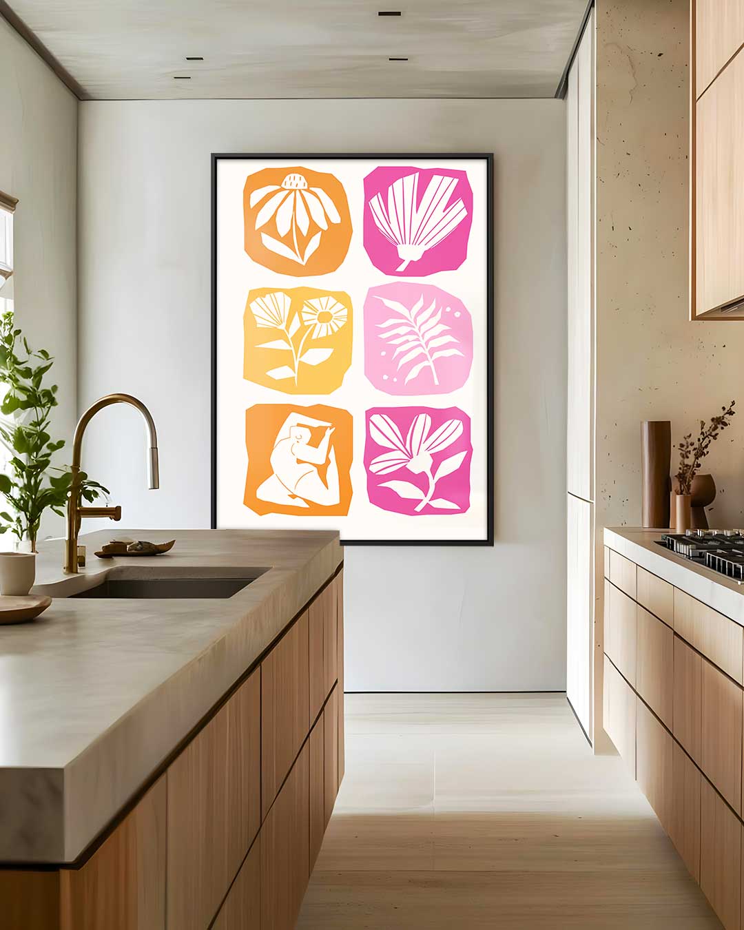 Vrolijke Bloemen en Figuren Kunstwerk-canvas-dibond-plexiglas-wanddecoratie-WallArtistic