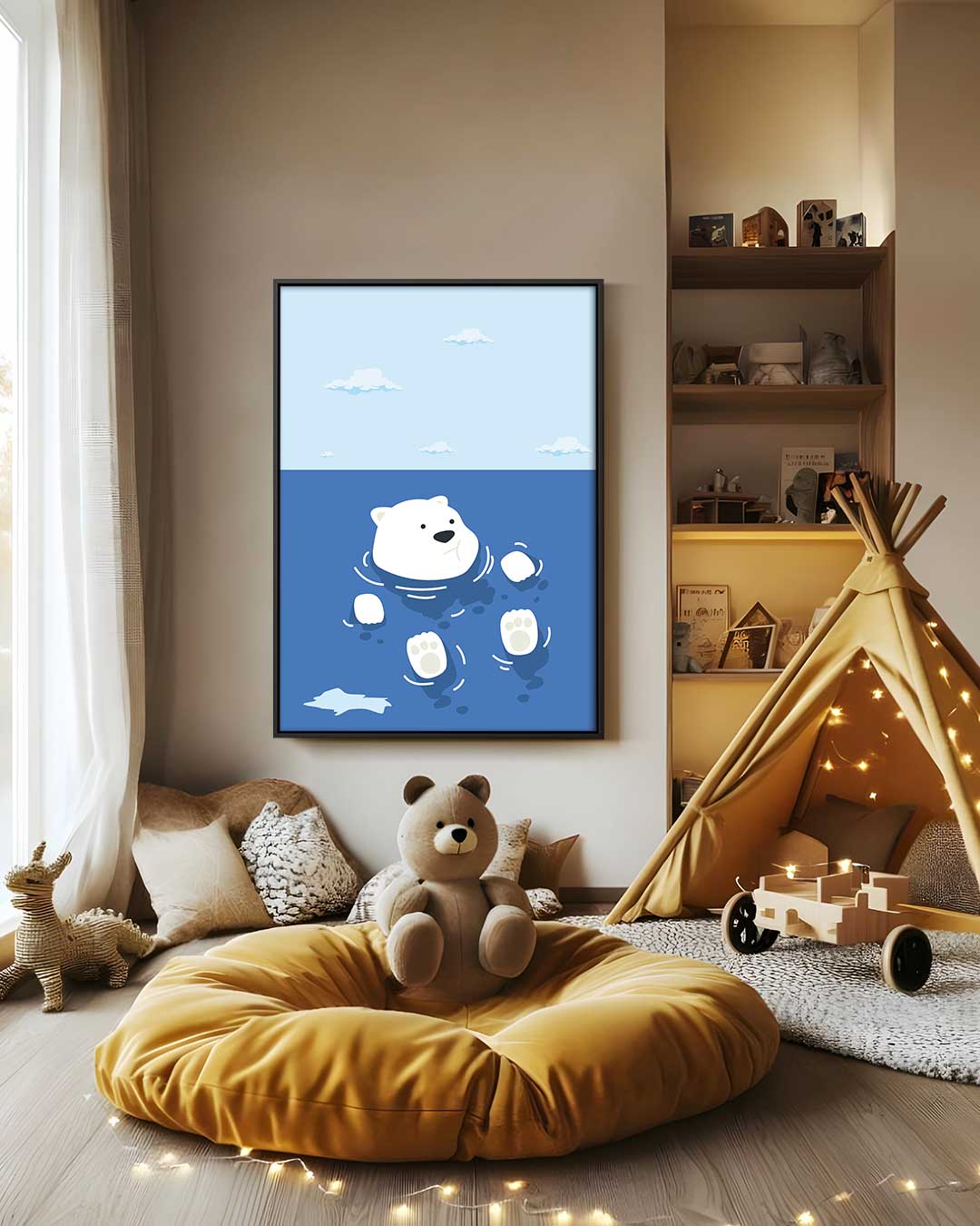 Dobberende IJsbeer in Blauwe Zee Kunstwerk-canvas-dibond-plexiglas-wanddecoratie-WallArtistic