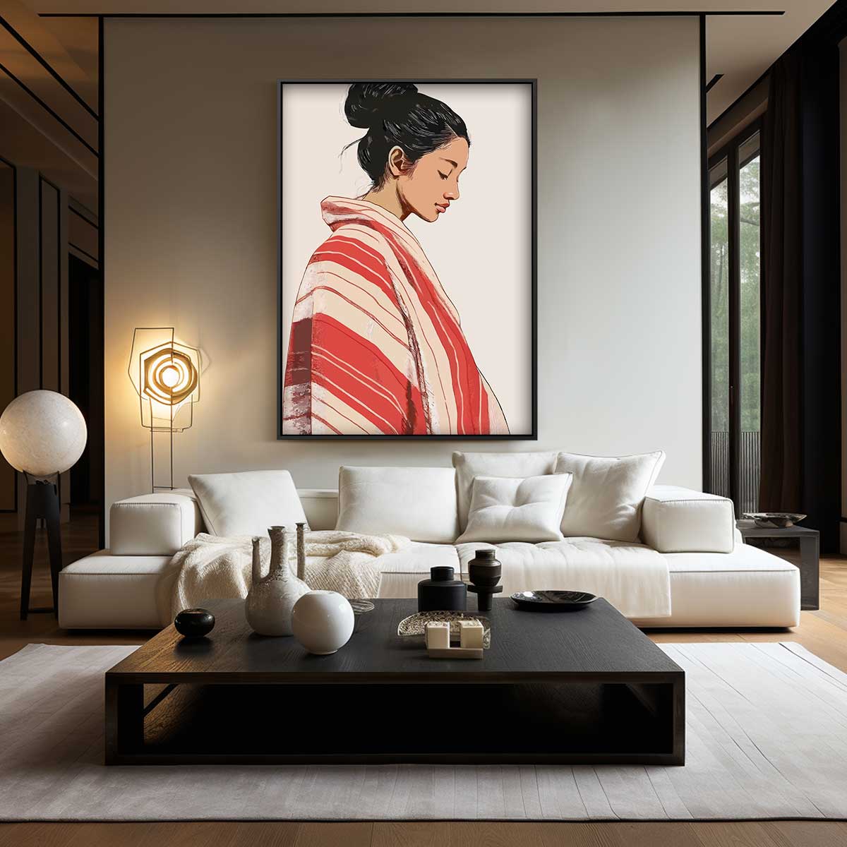 Vrouw in Rood-Wit Geblokte Kimono Kunstwerk-canvas-dibond-plexiglas-wanddecoratie-WallArtistic