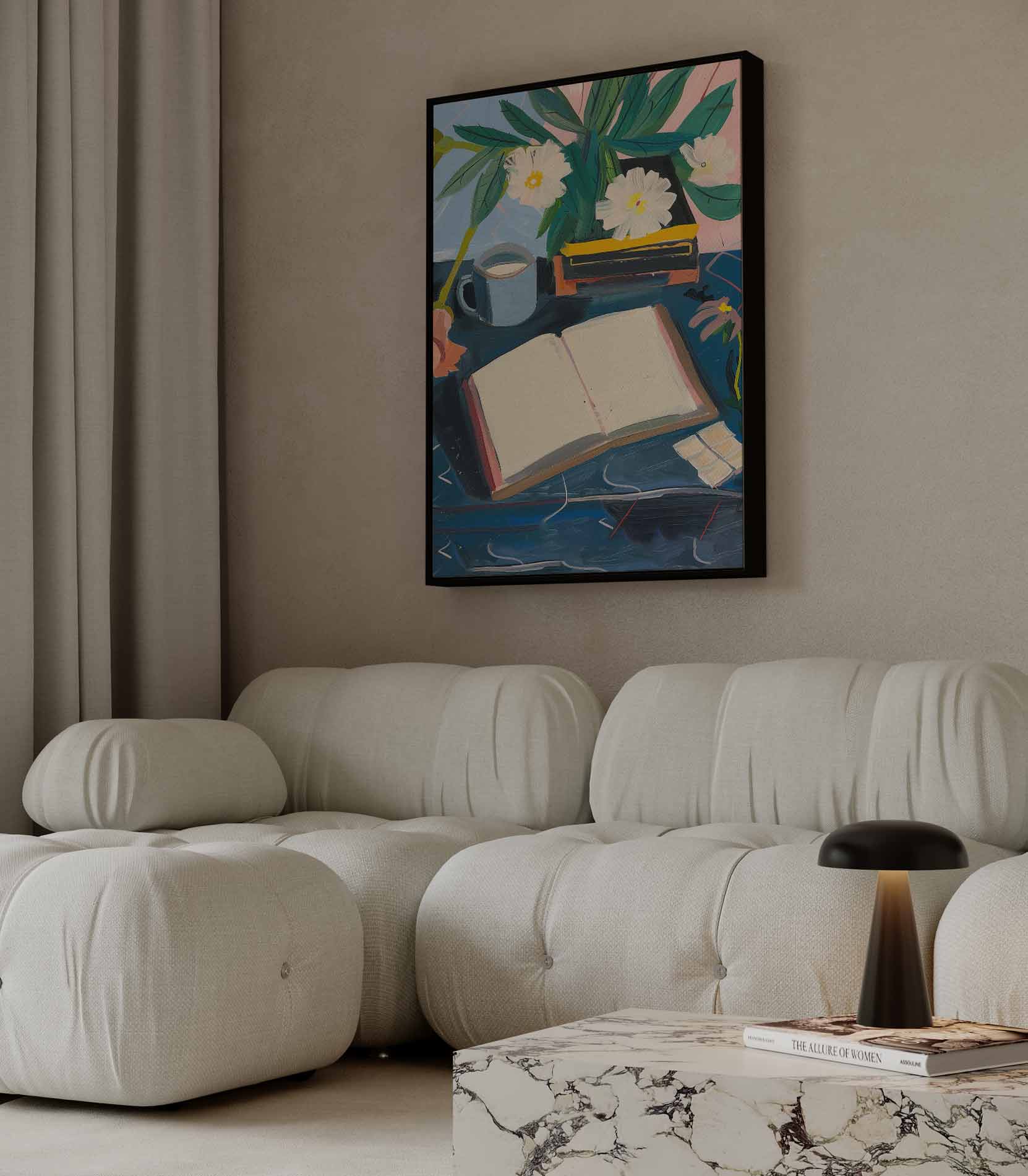 Stilleven met Bloemen en Boek Kunstwerk-canvas-dibond-plexiglas-wanddecoratie-WallArtistic