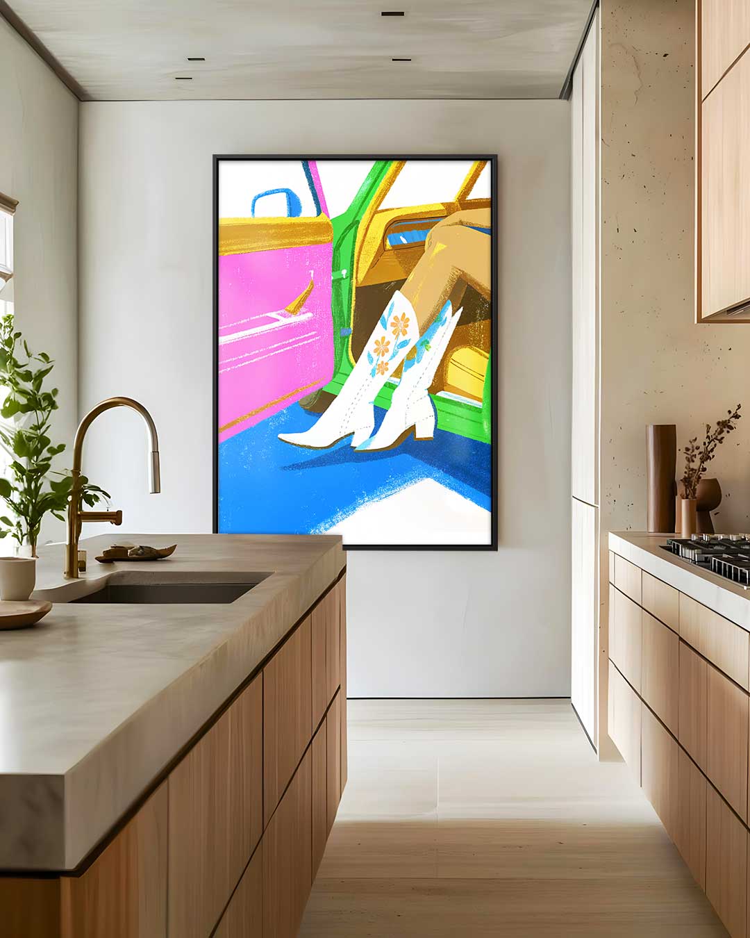 Stijlvolle Cowboylaarzen in Retro Auto Kunstwerk-canvas-dibond-plexiglas-wanddecoratie-WallArtistic