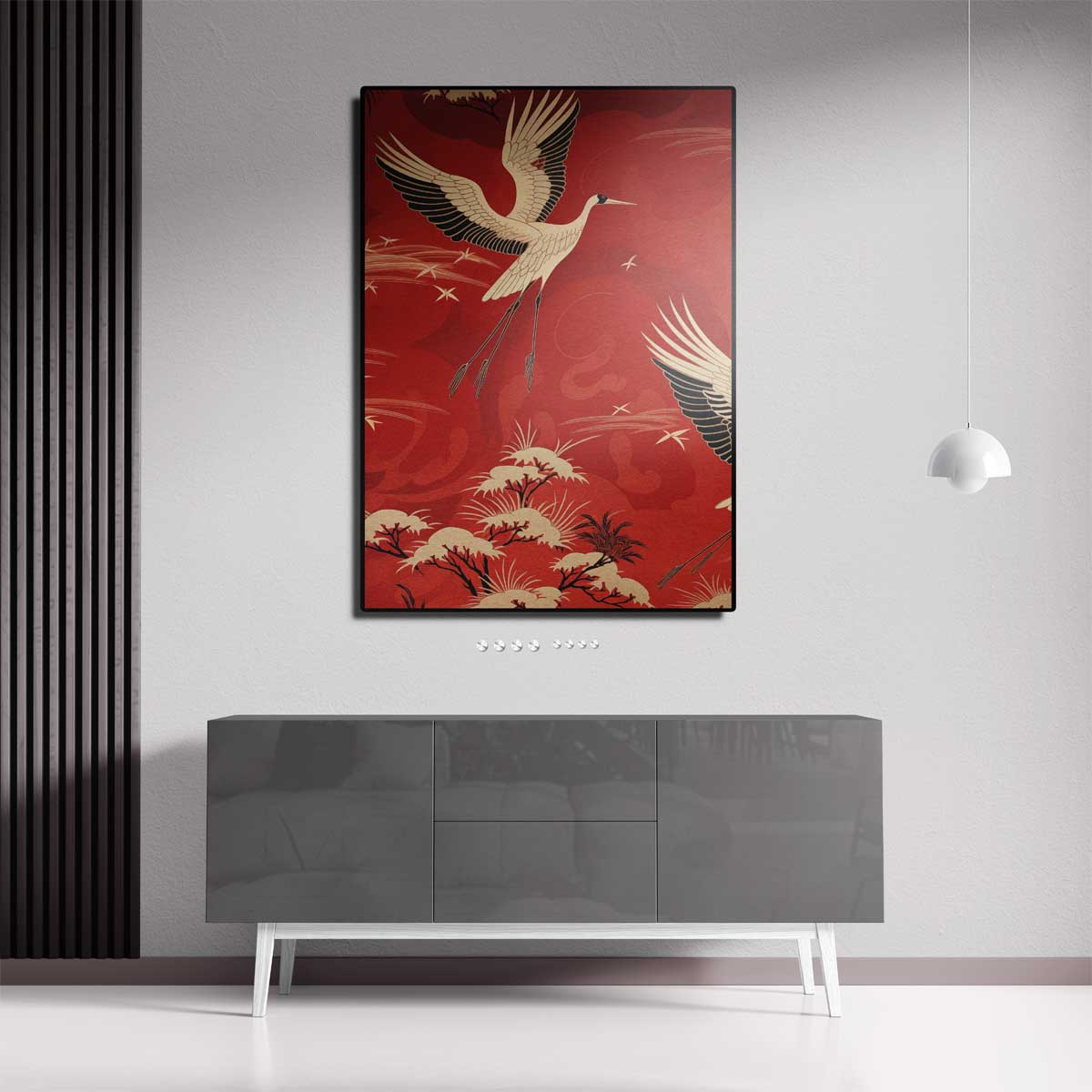 Vliegende Kraanvogels in het Rood Kunstwerk-canvas-dibond-plexiglas-wanddecoratie-WallArtistic