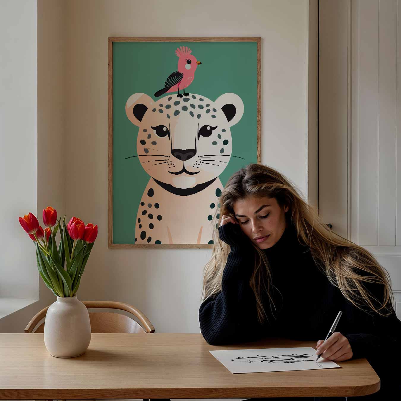 Vrolijke Luipaard en Vogel Poster-WallArtistic