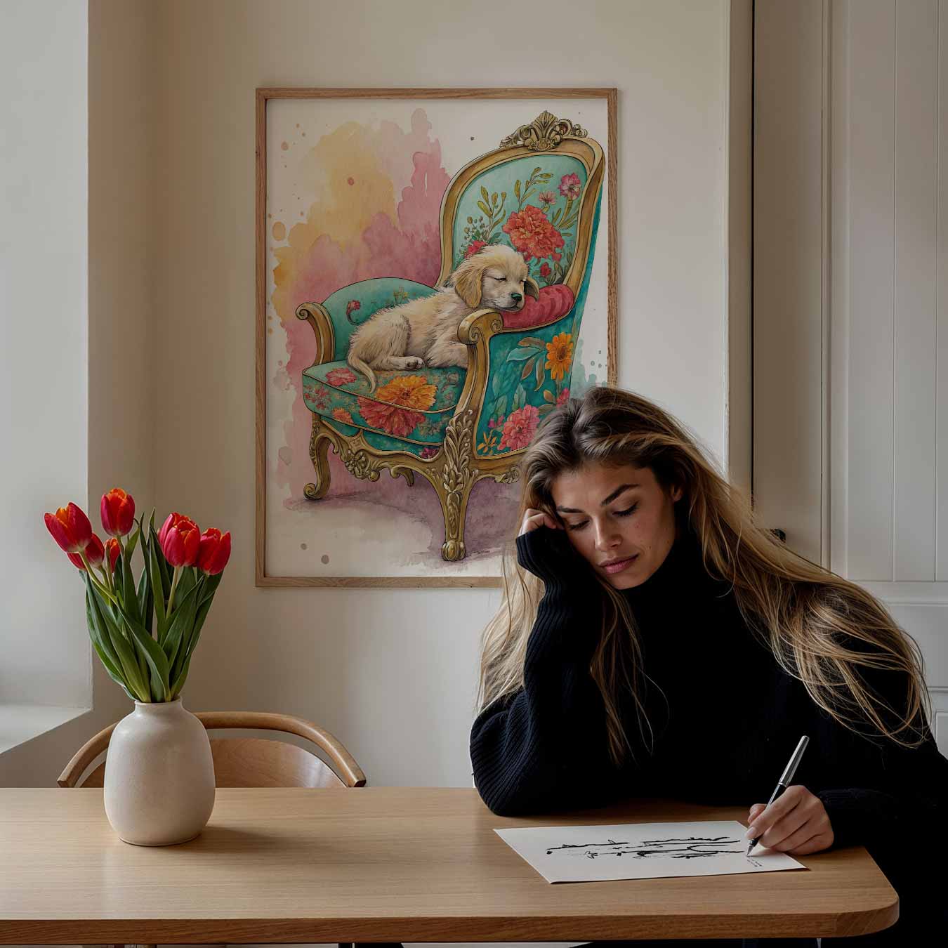 Dromerig Puppy op Bloemenstoel Poster-WallArtistic