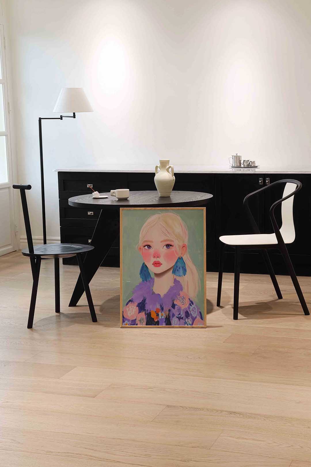 Portret met blauwe oorbellen Poster