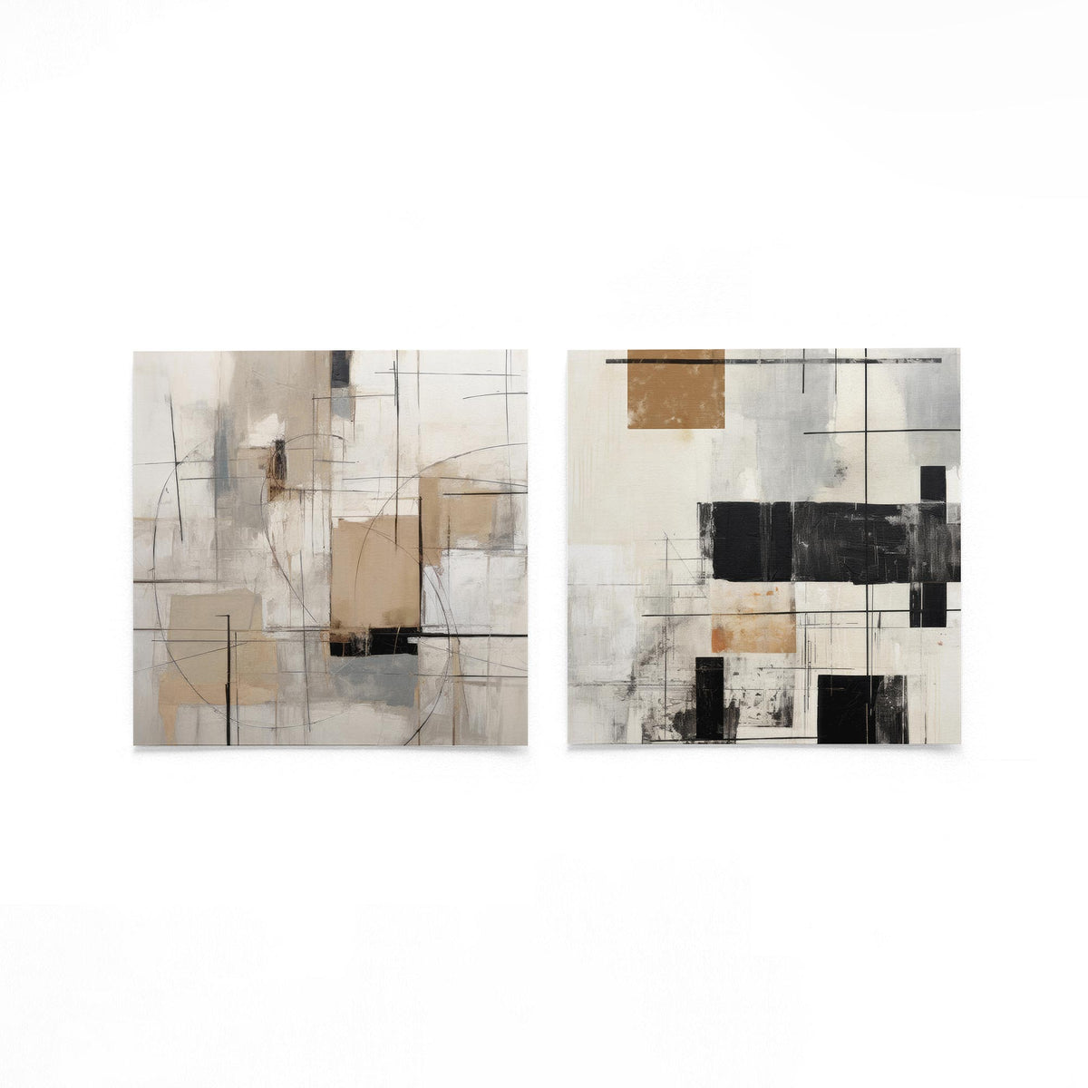 Twee vierkante posters met geometrische vlakken op een gebroken witte achtergrond