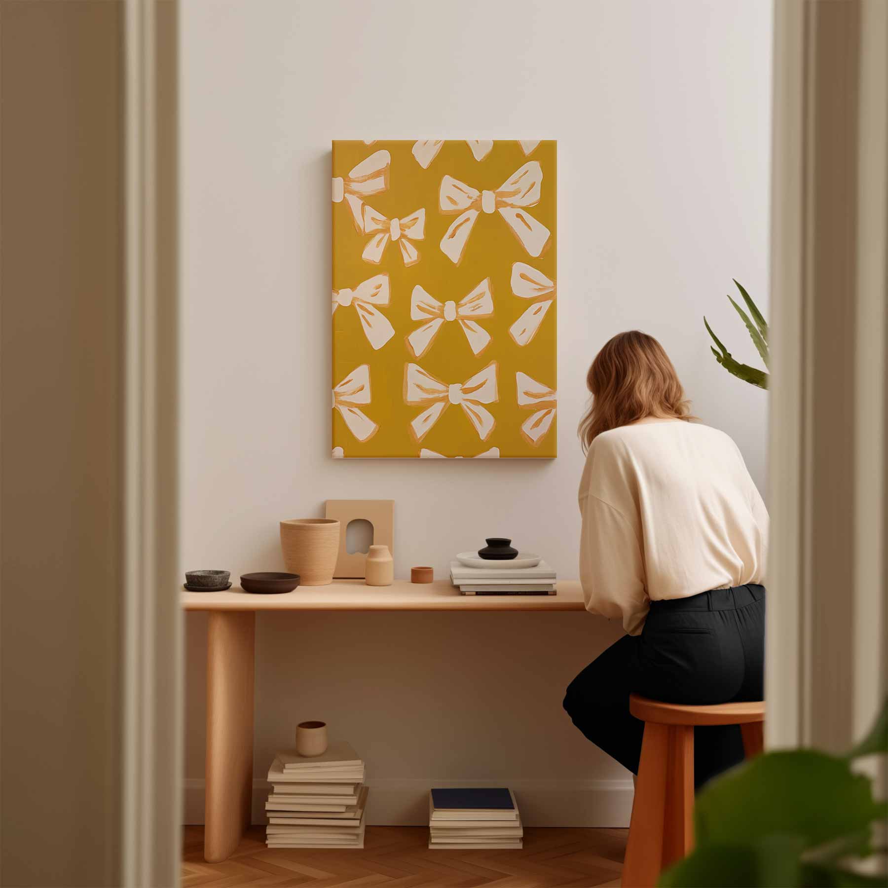 Vrolijke Strikjes op Oker Kunstwerk-canvas-dibond-plexiglas-wanddecoratie-WallArtistic
