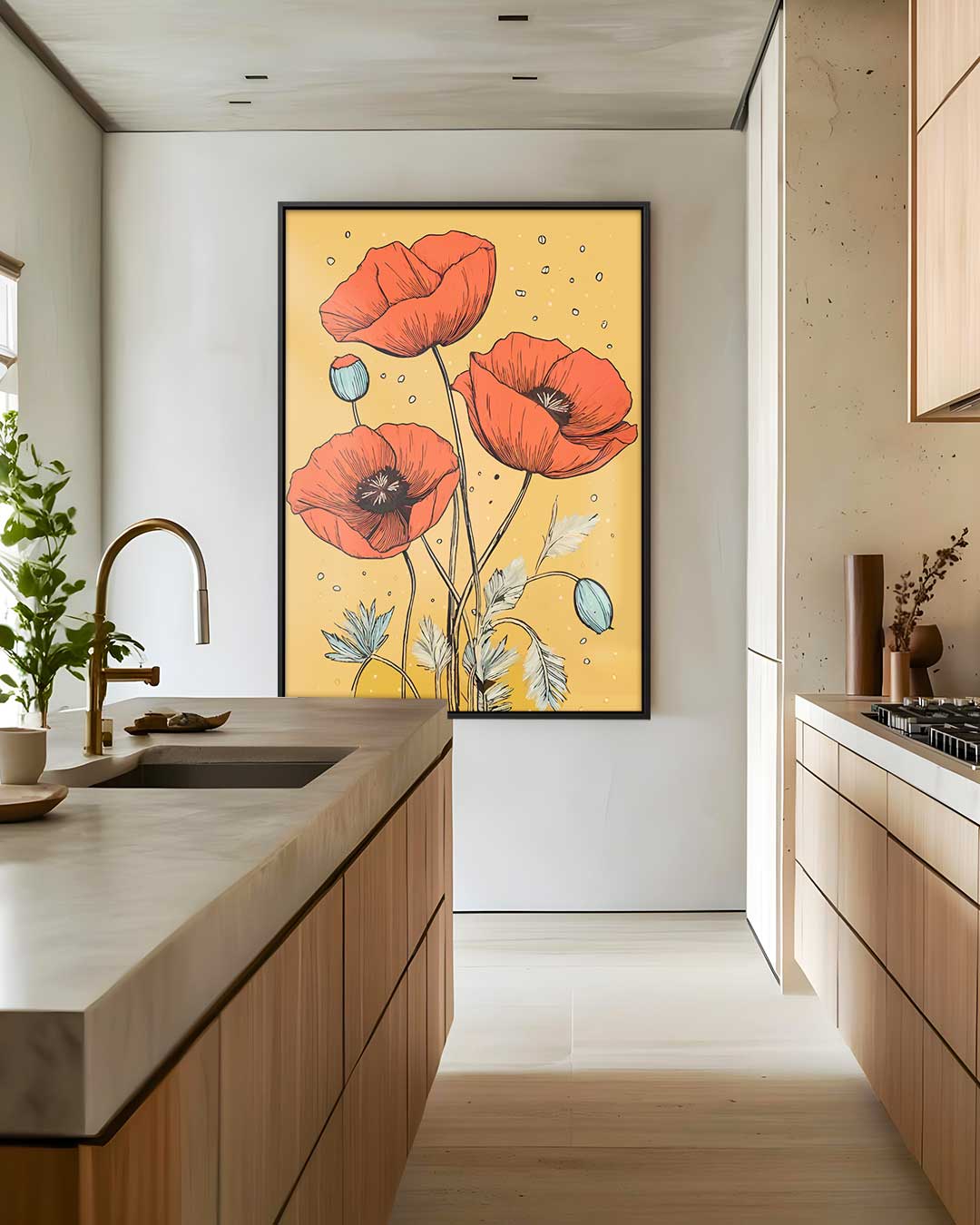 Vrolijke Klaprozen op Gouden Achtergrond Kunstwerk-canvas-dibond-plexiglas-wanddecoratie-WallArtistic