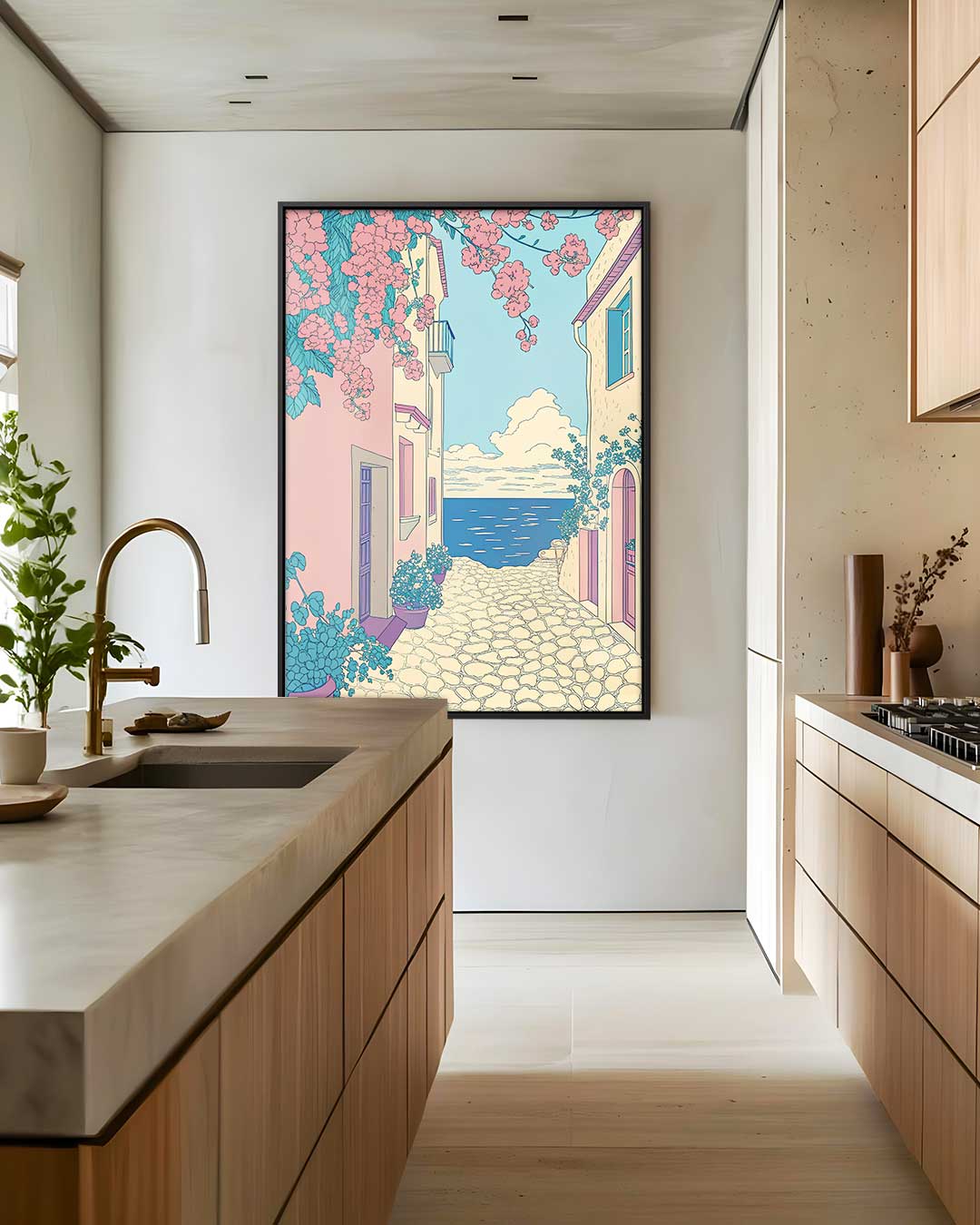 Zomerse Straat aan Zee Kunstwerk-canvas-dibond-plexiglas-wanddecoratie-WallArtistic